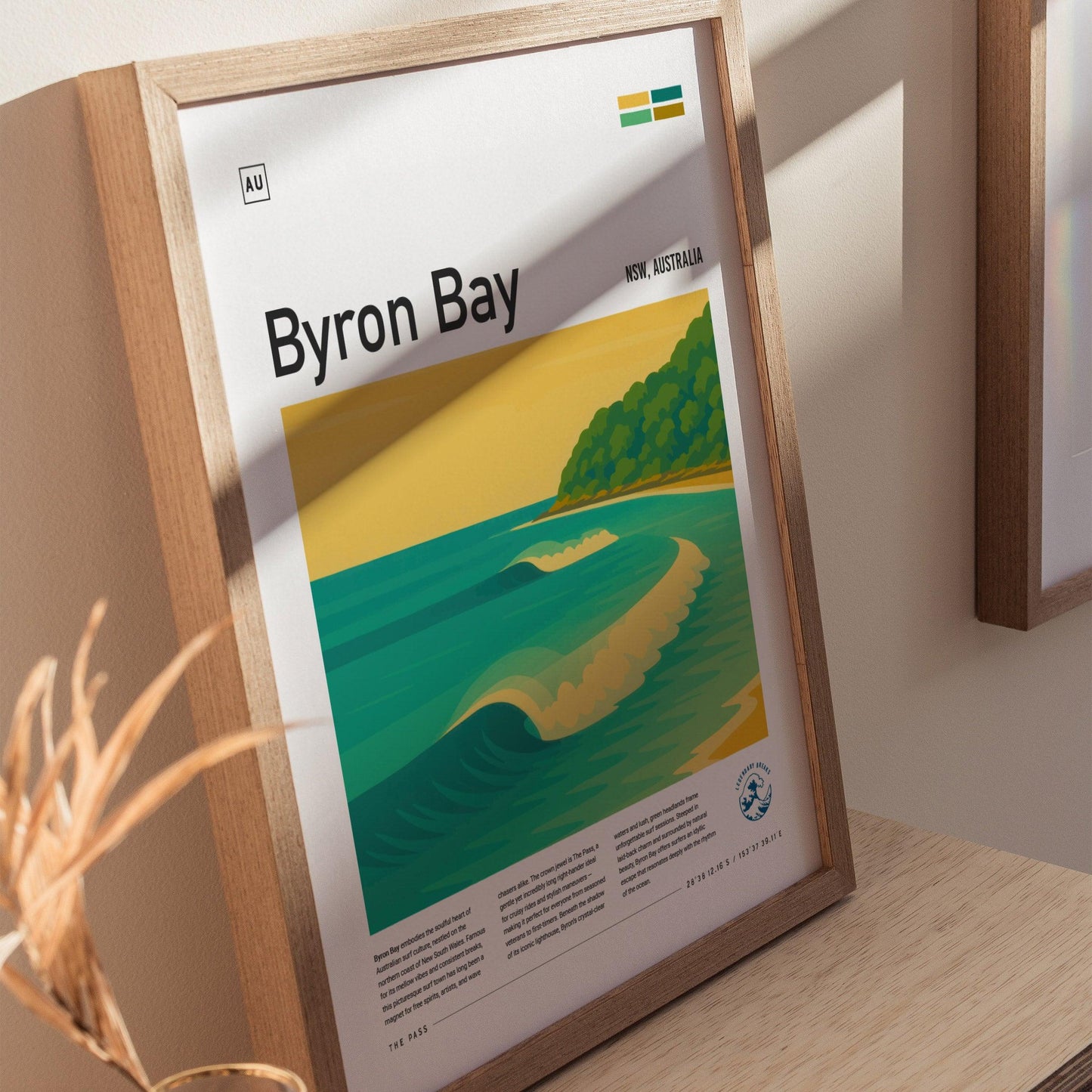 Byron Bay Surf Spot Framed Poster Australia Wave Modern Wall Art NSW Aussie Surfer Travel Print Minimalist Design Boho Surfing Decor Gift - Swell Scenes
