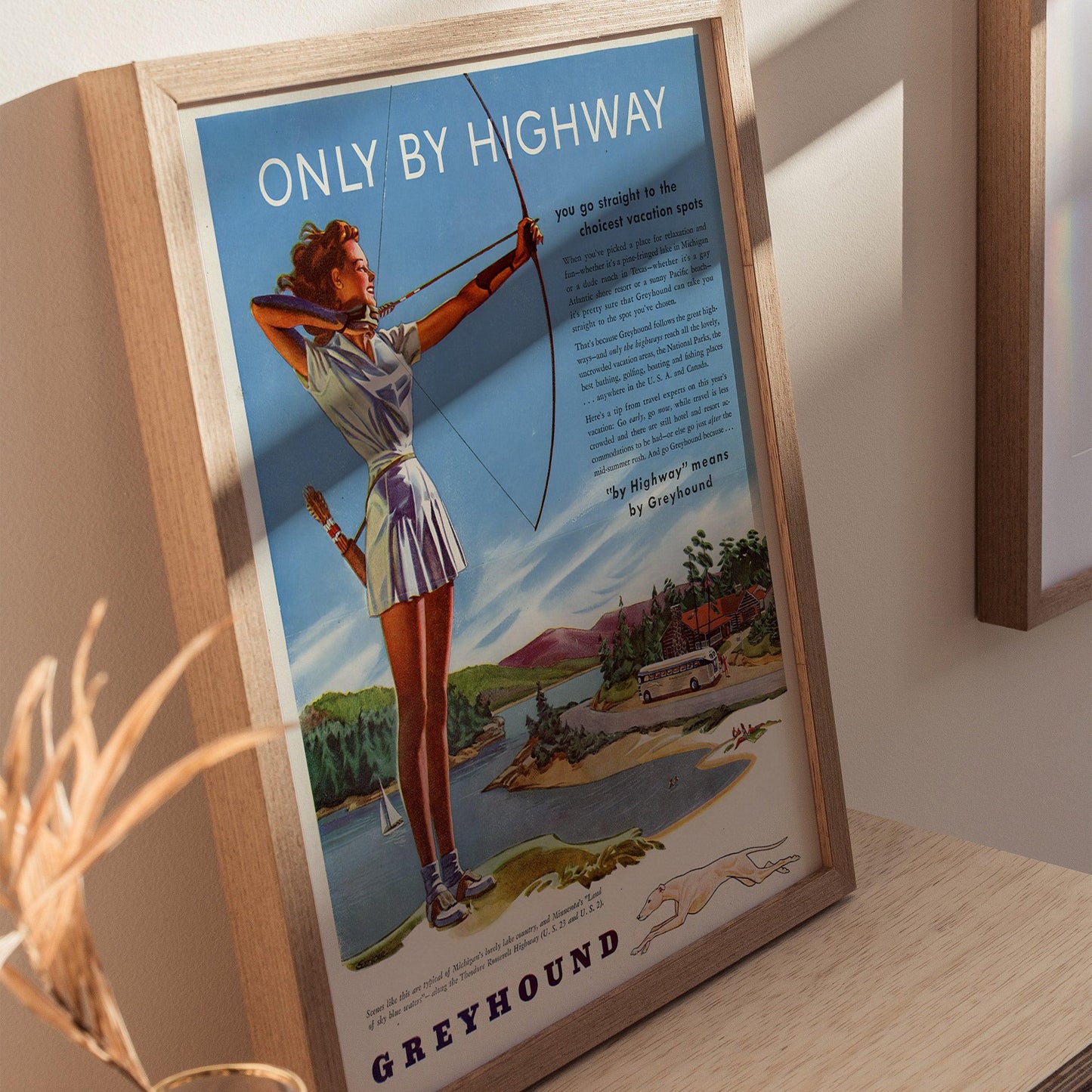 Vintage Greyhound Bus Travel Poster – Retro Highway Ad Print, 1900s Americana Art, Available Framed/Unframed, Mid-Century Wall Decor - Swell Scenes