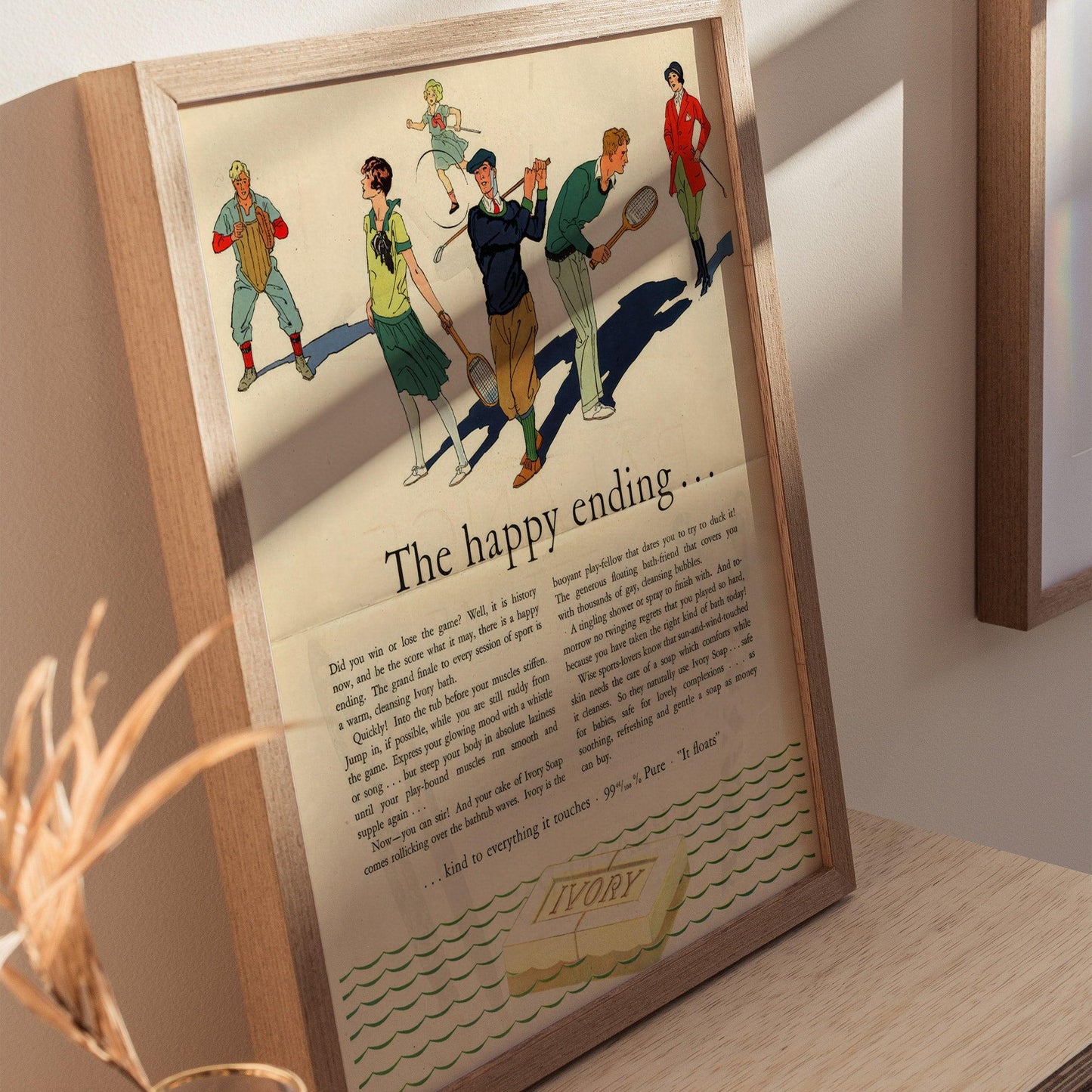 Natural wood framed vintage Ivory Soap poster showing 1920s Happy Ending bathroom humor advertising art