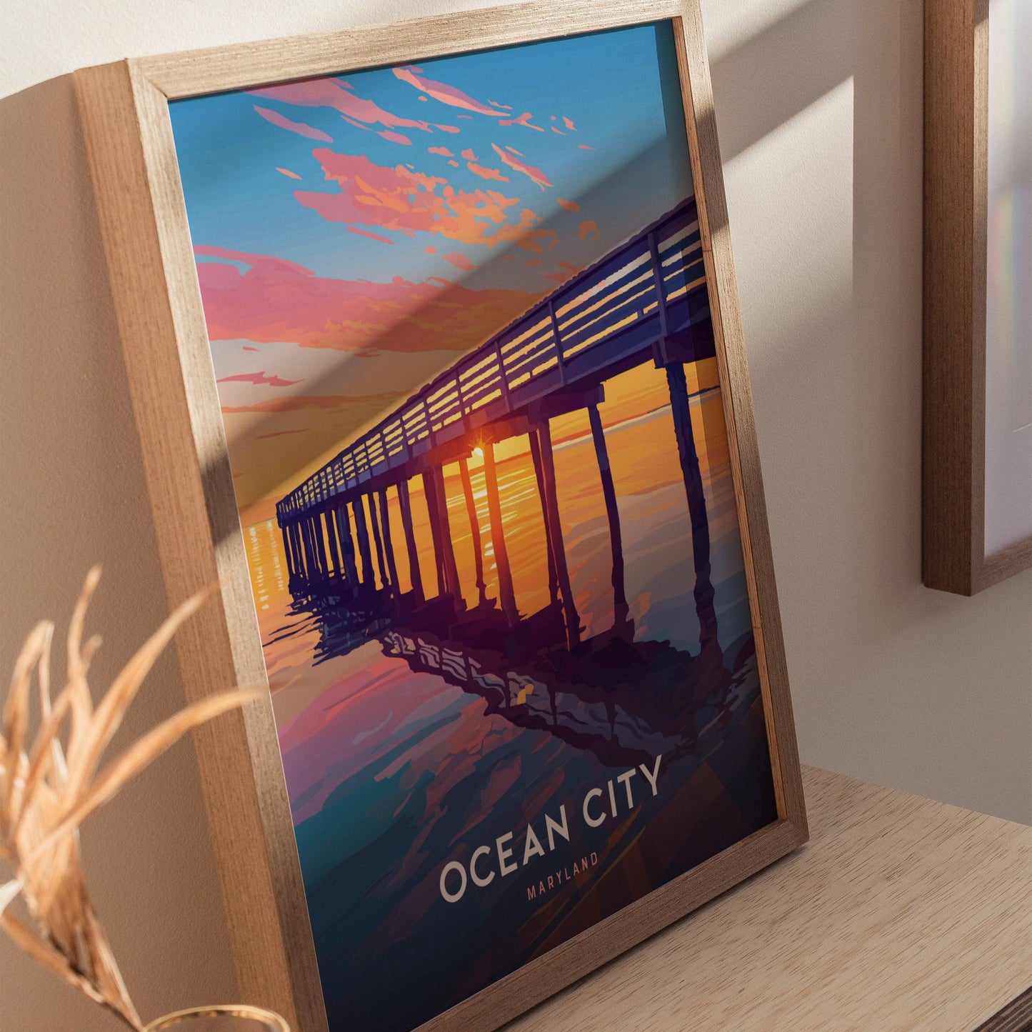 Ocean City Maryland Poster – Coastal Sunset Pier Print, Beach House Wall Art, Coastal Home Decor, Available Framed/Unframed, Travel Gift - Swell Scenes