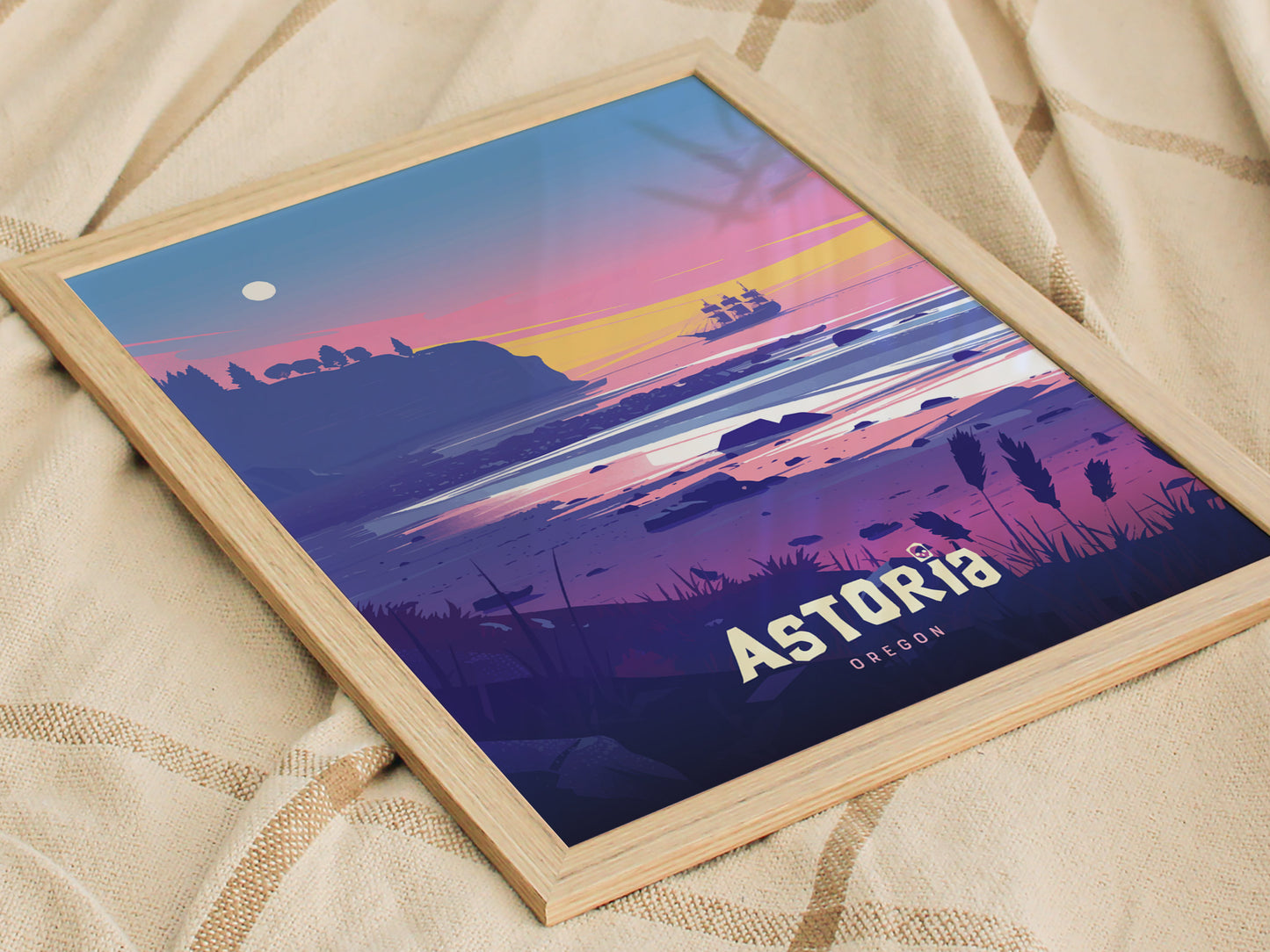 A vibrant illustration of an Astoria, Oregon coastline at sunset, featuring a pirate ship on the horizon and bold text reading Astoria.
