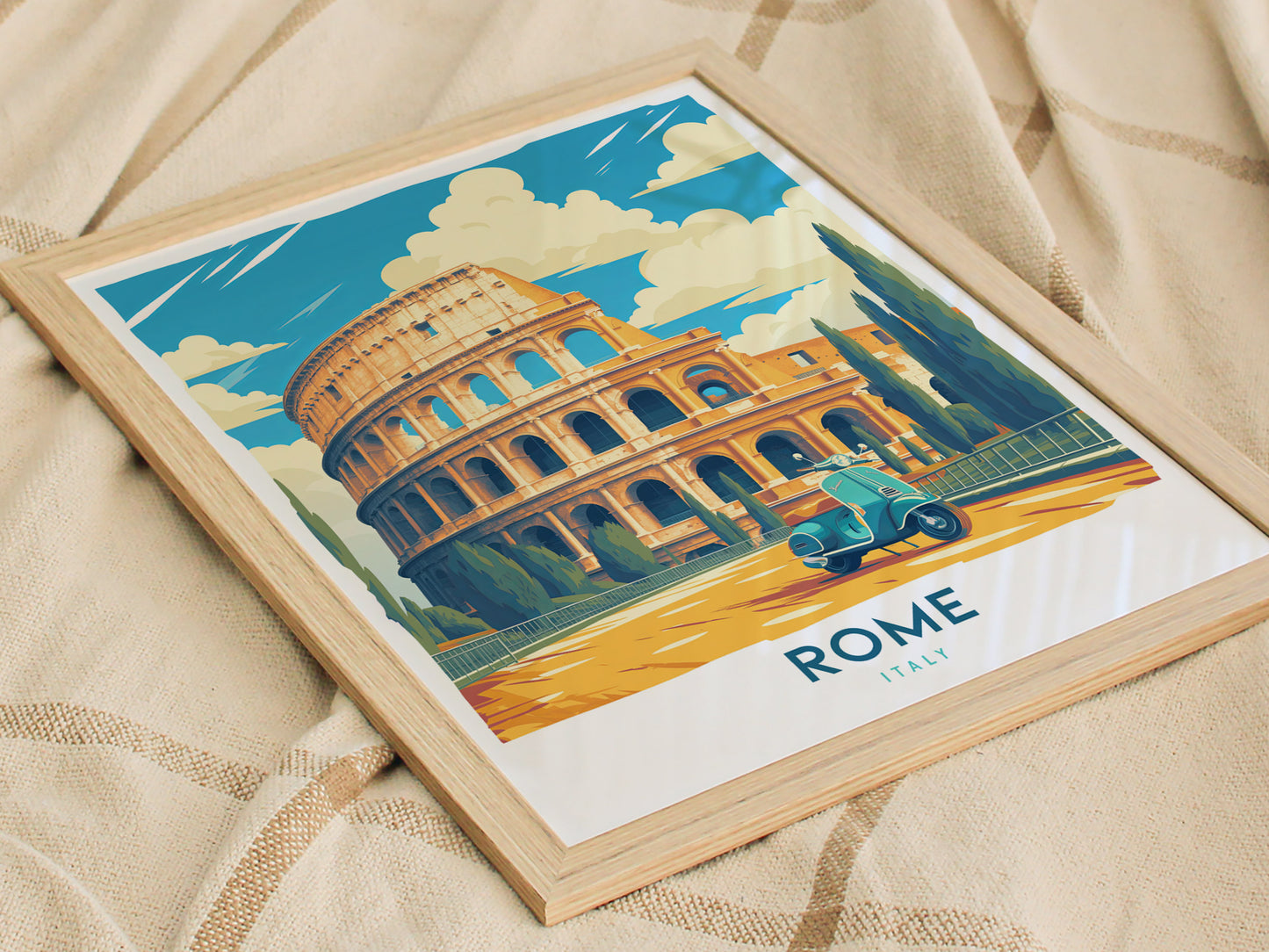 Rome Travel Poster | Vintage Colosseum & Vespa Italy Art Gift