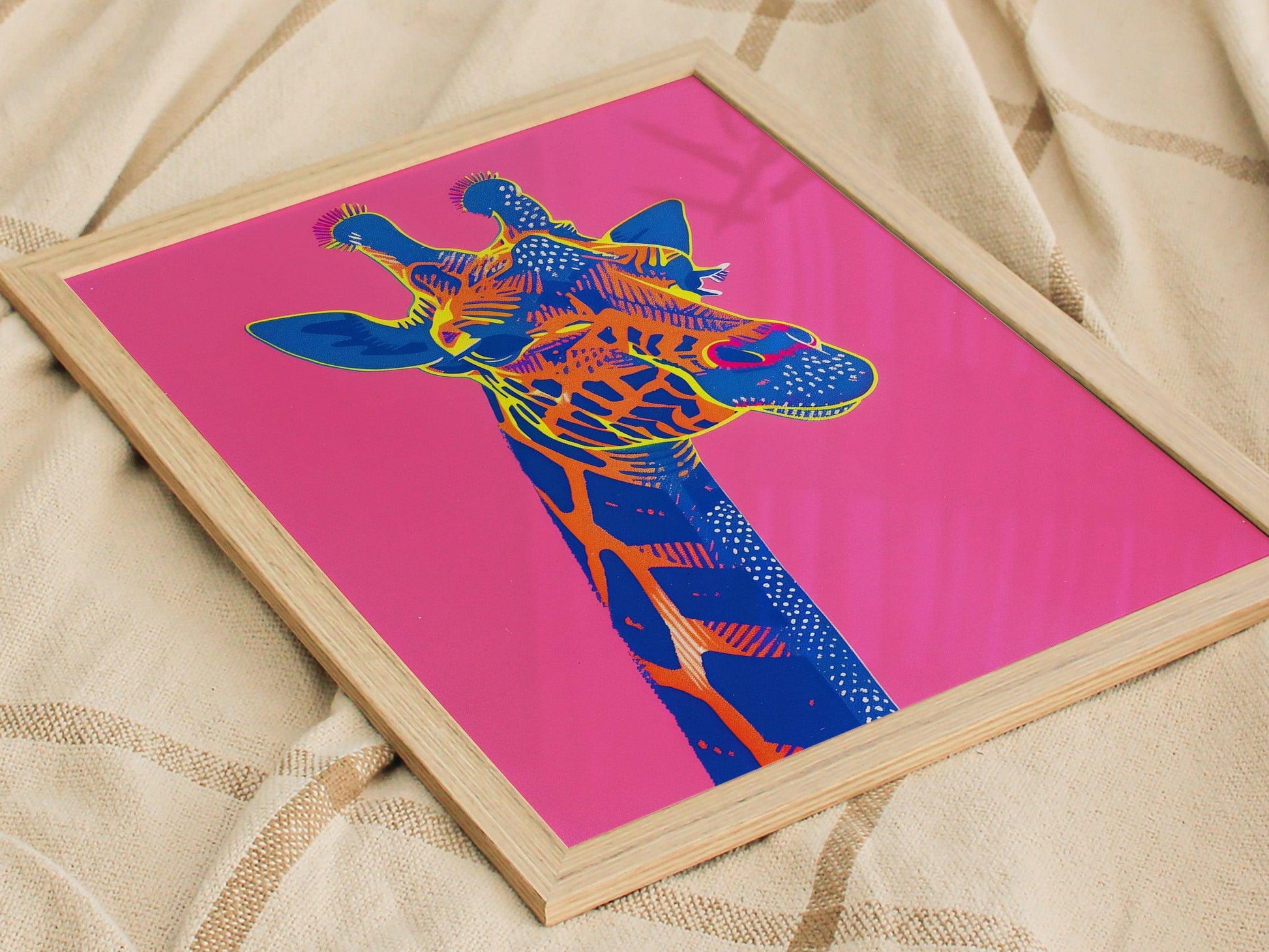 Neon Giraffe Pop Art Poster – Bold Safari Animal Wall Decor, Retro 80s Aesthetic, Vibrant Wildlife Print, Available Framed/Unframed - Swell Scenes