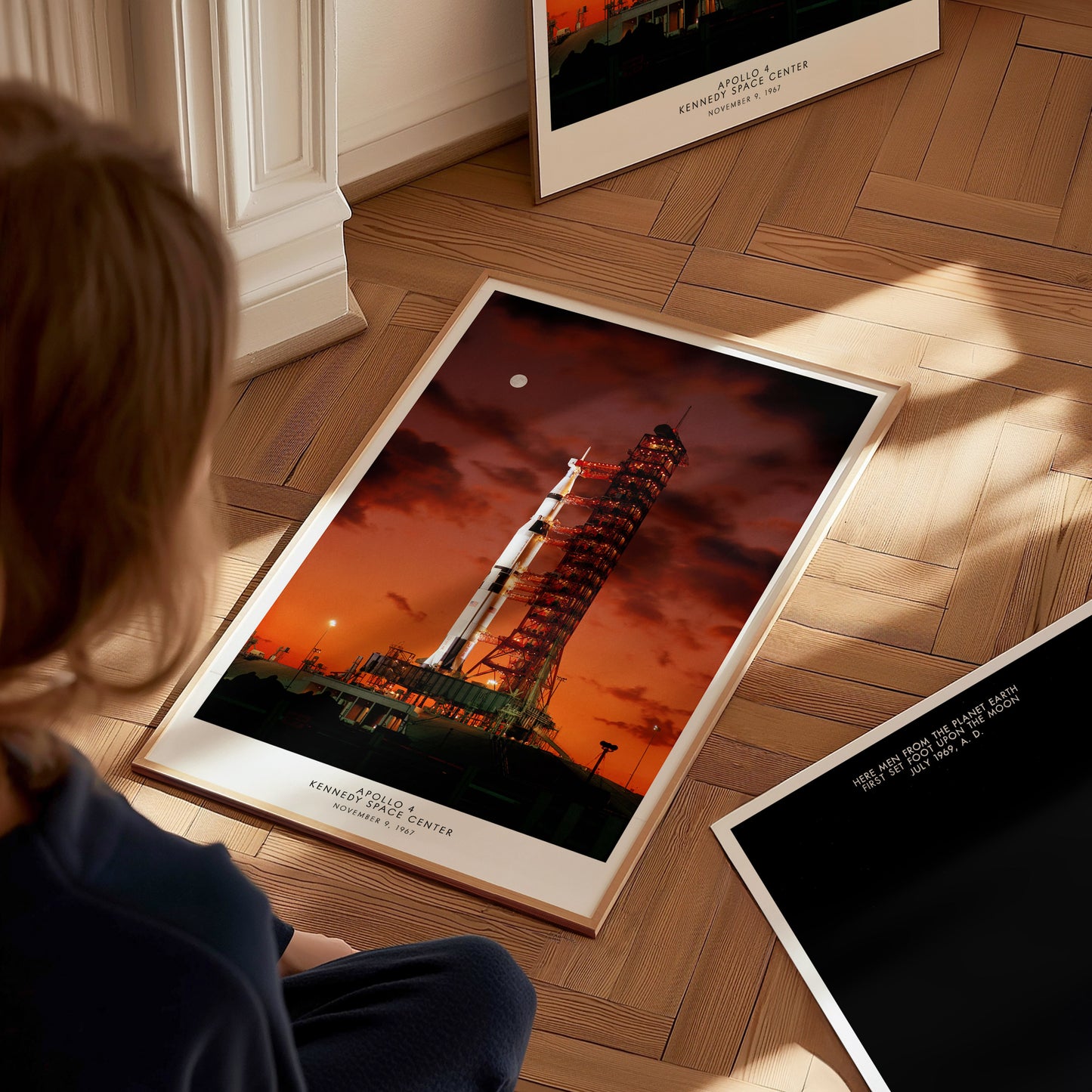 Apollo 4 Saturn V rocket launch poster in a floating frame canvas displayed