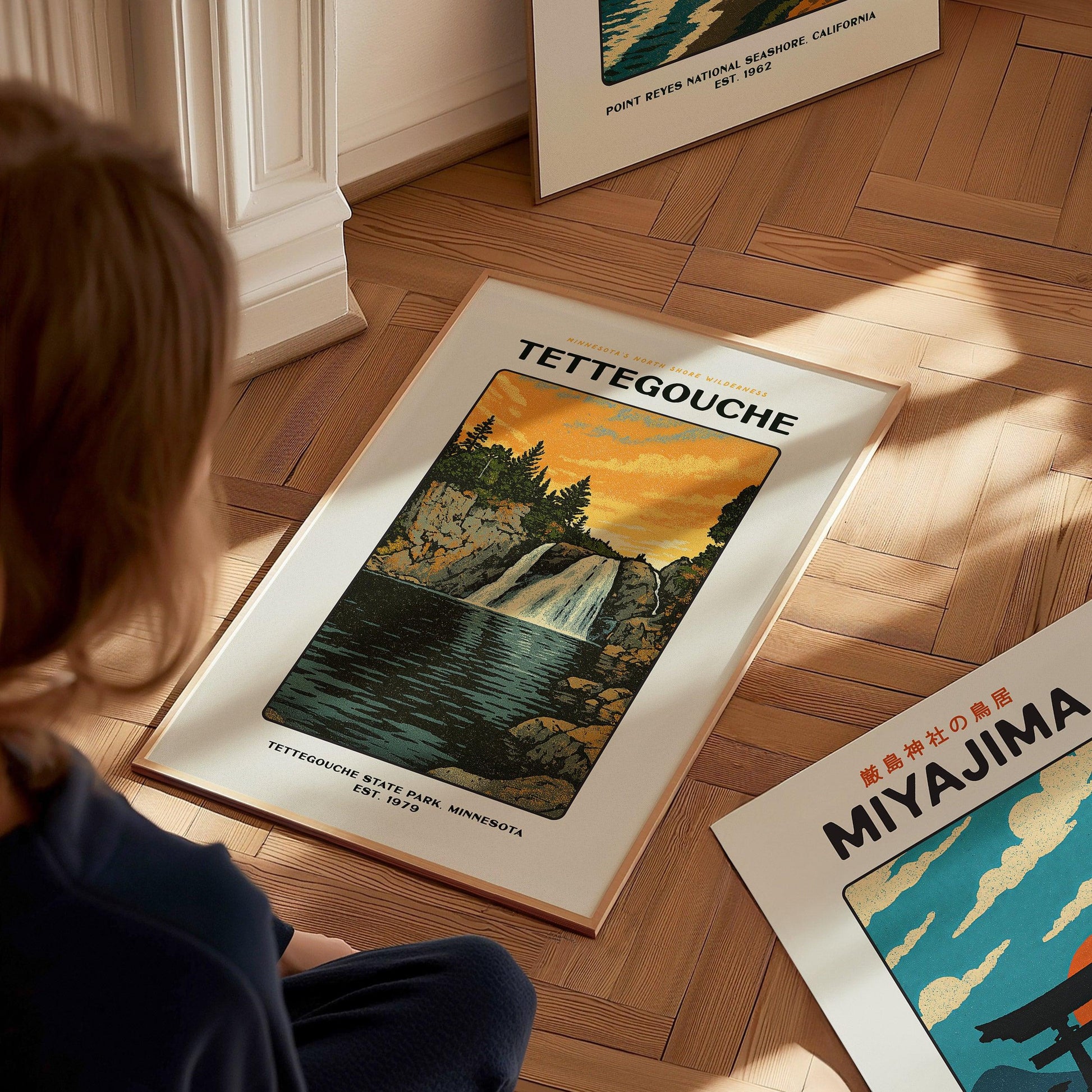 Minnesota Tettegouche poster in wood frame featuring North Shore High Falls and Lake Superior vintage art