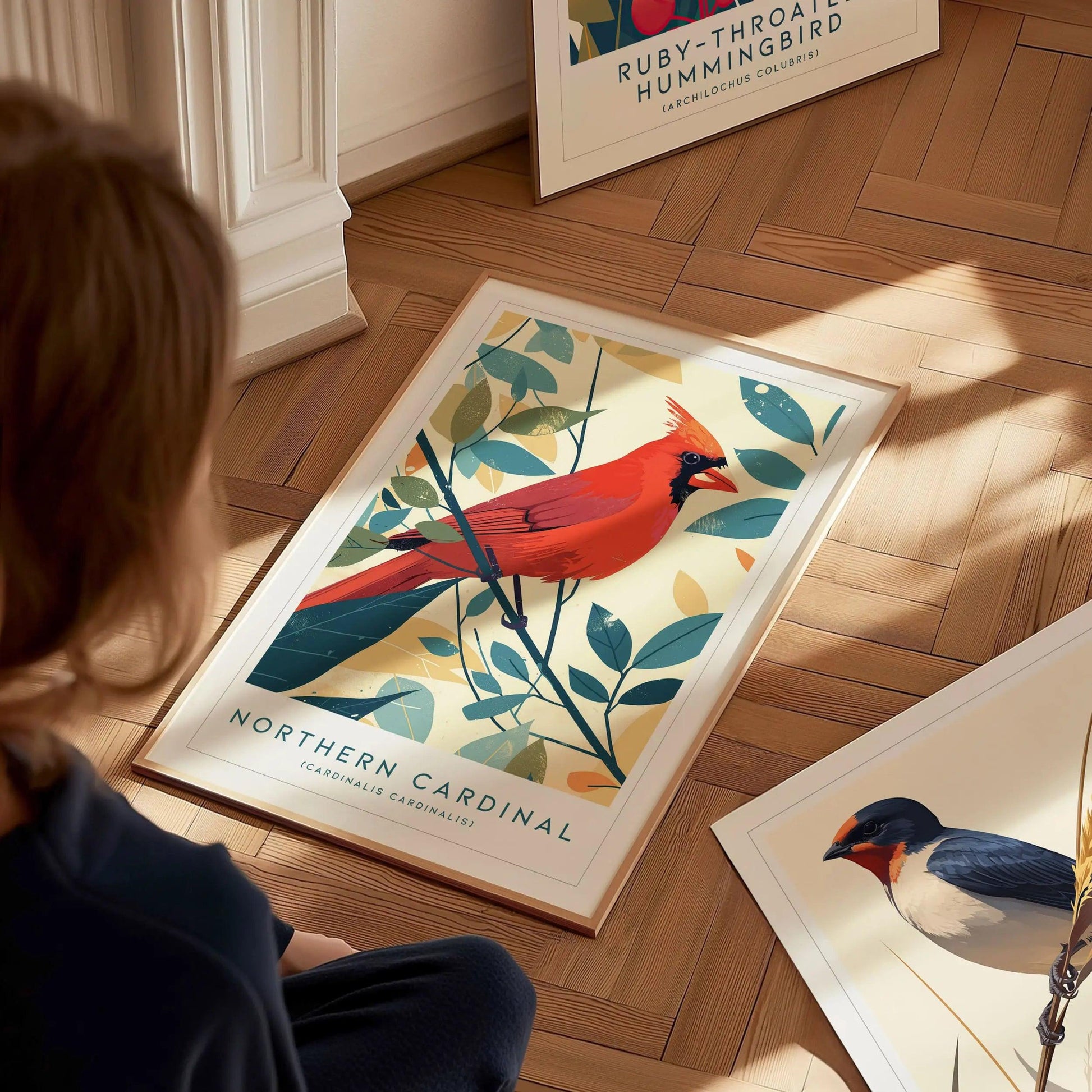 Red Northern Cardinal Bird Lover Modern Framed Wall Art | Cottagecore Minimalist Nature Wildlife Poster | Songbird Audubon Scientific Farm House Decor - Swell Scenes