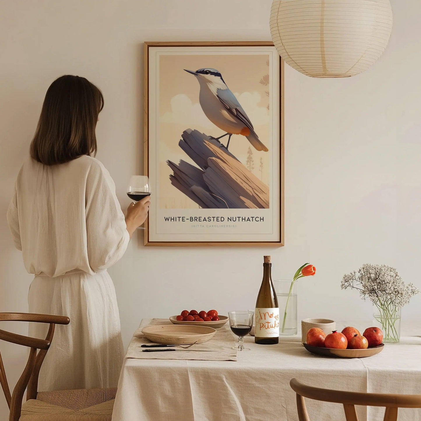 White-Breasted Nuthatch print in black wood frame showing elegant backyard bird with blue-gray feathers nature art