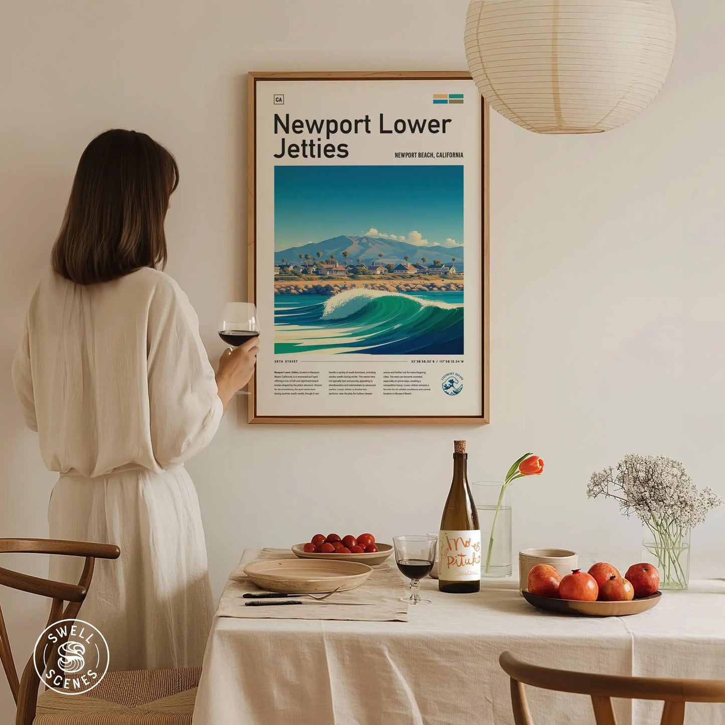 Newport Lower Jetties Surf Spot Framed Poster | Newport Beach California Surfing Wave Wall Art | Minimal Design CA Surfer Travel Print - Swell Scenes