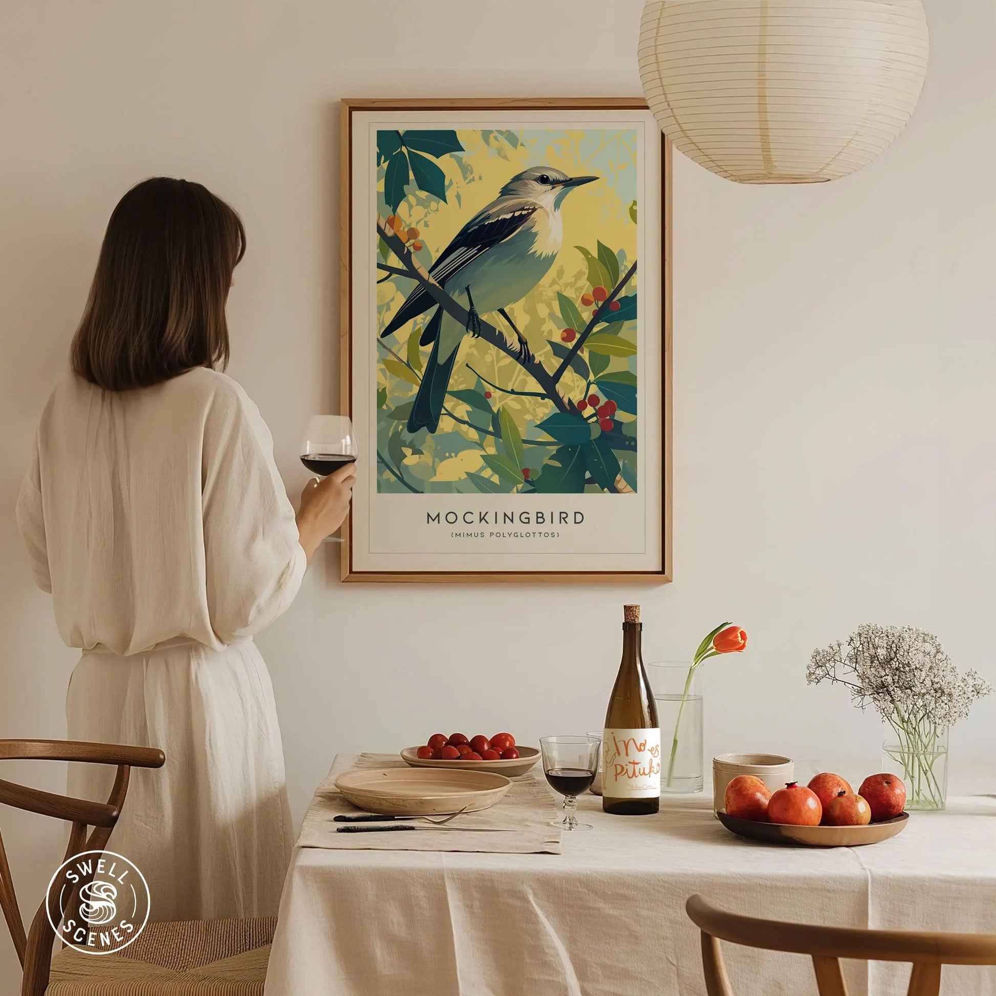 Mockingbird Songbird Modern Framed Wall Art | Cottagecore Minimalist Nature Wildlife Poster | Audubon Scientific Print | Bird Lover Farm House Decor - Swell Scenes