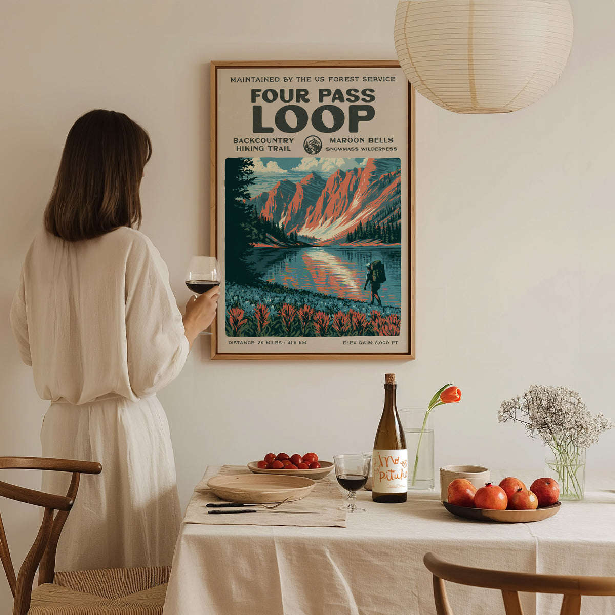 Four Pass Loop, Maroon Bells-Snowmass Wilderness Poster | Hiker Gift | Backcountry Trail Wall Art — styled in a modern interi