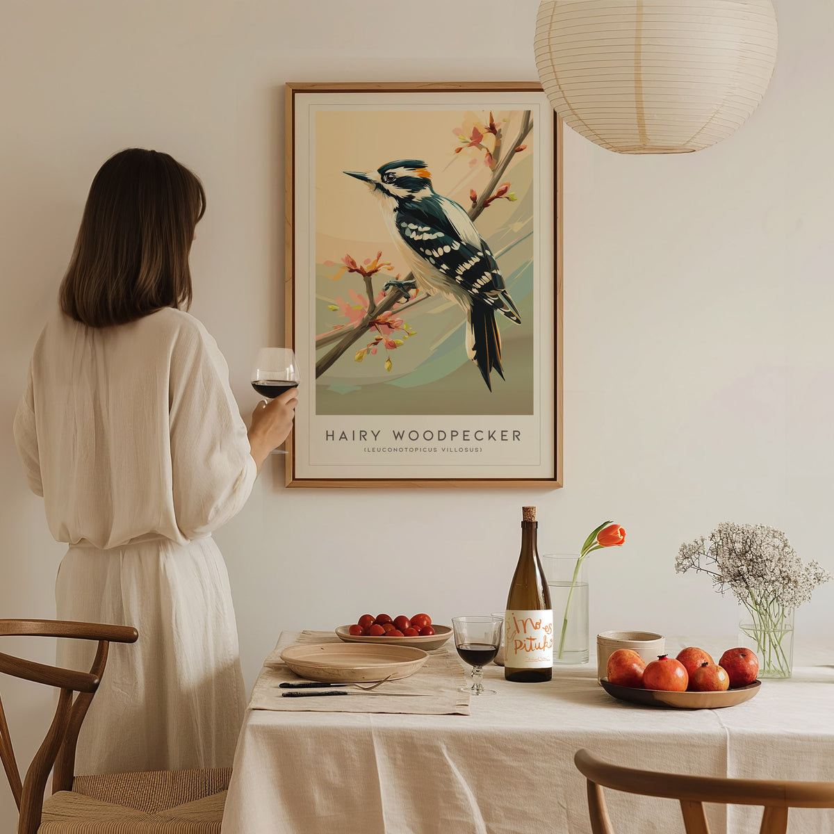 Hairy Woodpecker Poster | Bold Forest Bird Illustration Wall Art — styled in a modern interior