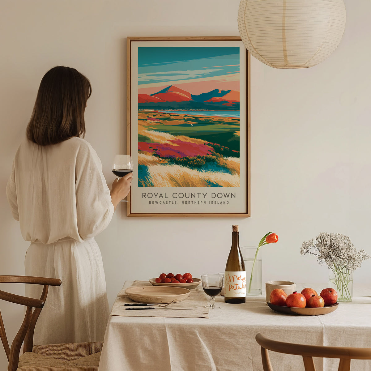 Royal County Down Matte Border Poster | Newcastle, Northern Ireland Golf Course Print Wall Art — styled in a modern interior