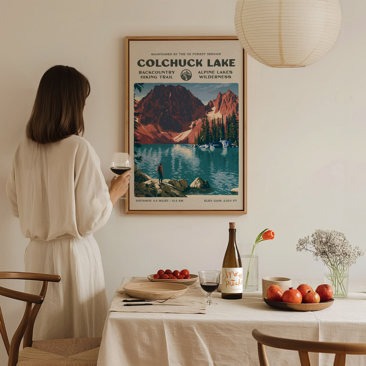 Colchuck Lake, Alpine Lakes Wilderness Poster | Hiker Gift | Backcountry Trail Wall Art — styled in a modern interior
