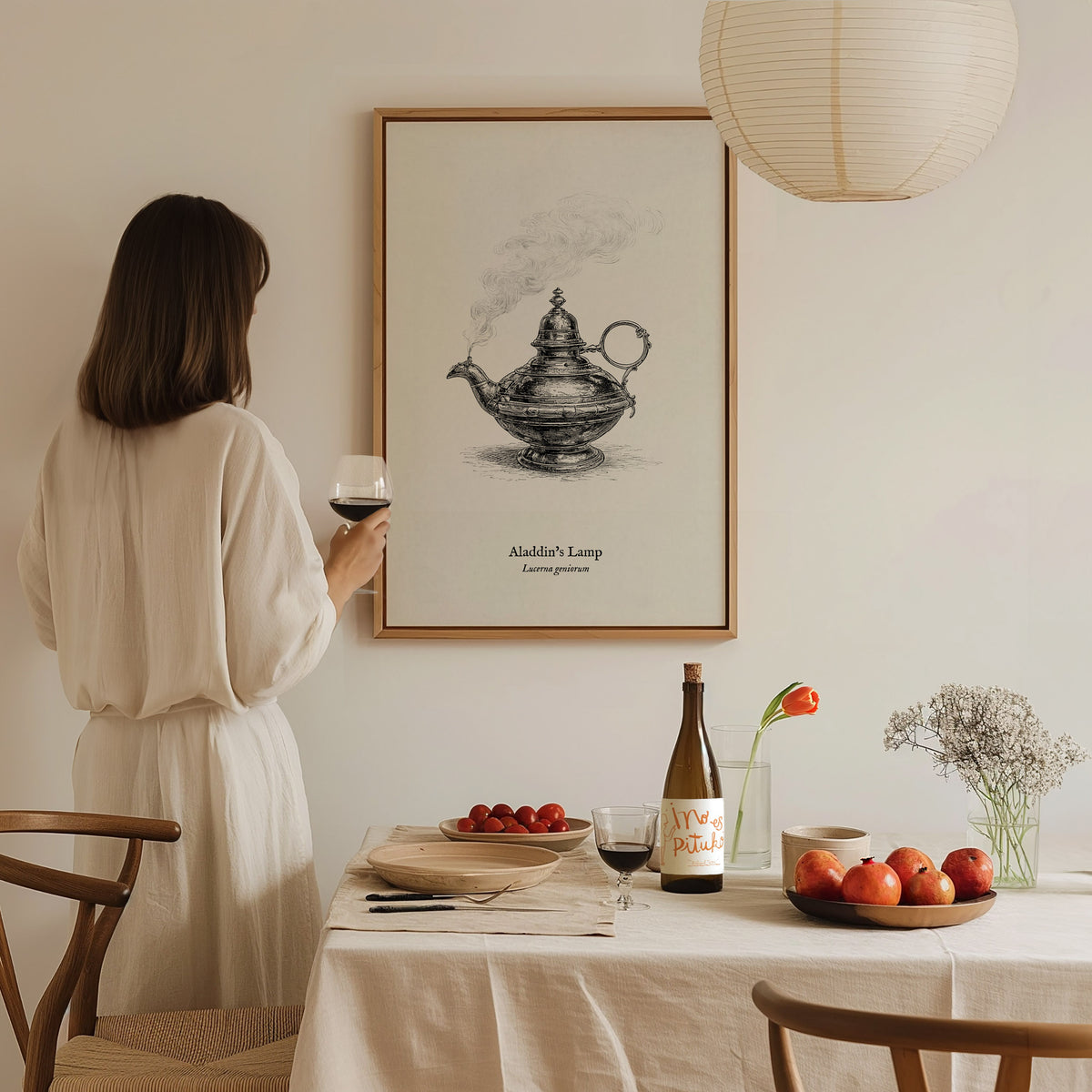 Aladdin's Lamp Poster | Lucerna Geniorum Pen and Ink Print Vintage Scientific Illustration Wall Art — styled in a modern inte