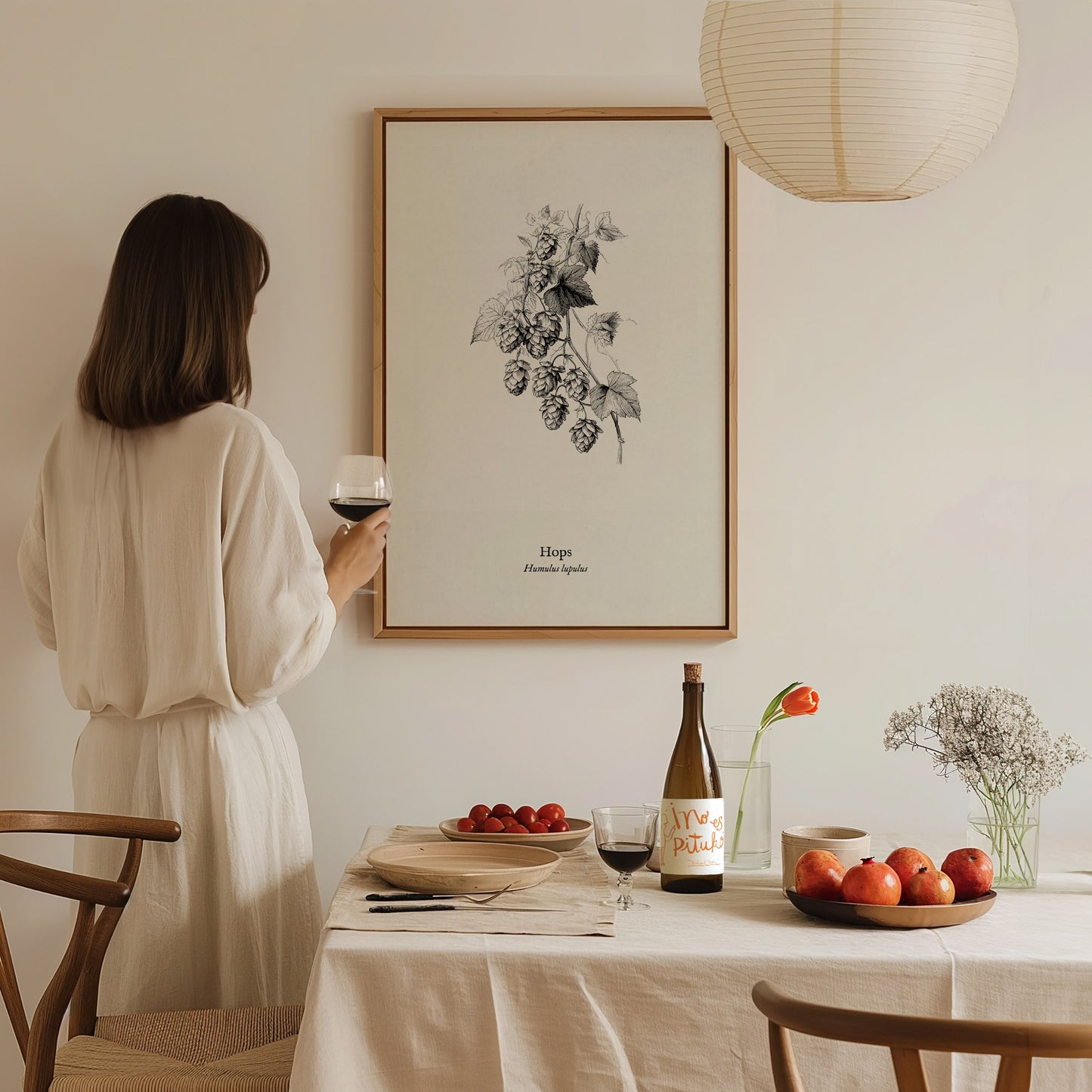 Hops Poster | Vintage Humulus lupulus Botanical Illustration Wall Art — styled in a modern interior