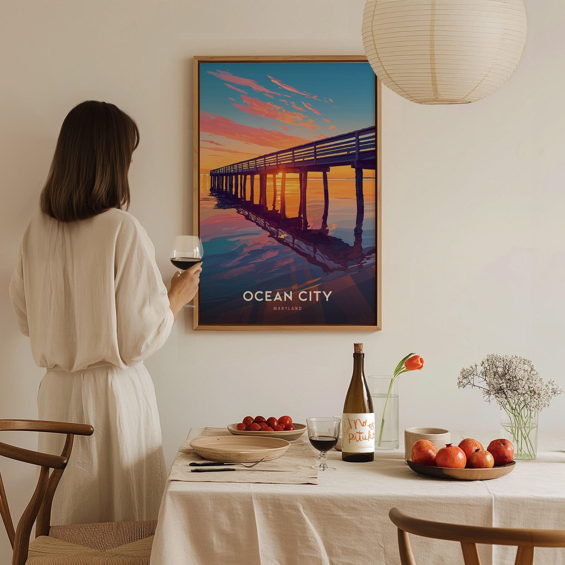 Ocean City Maryland Poster – Coastal Sunset Pier Print, Beach House Wall Art, Coastal Home Decor, Available Framed/Unframed, Travel Gift - Swell Scenes