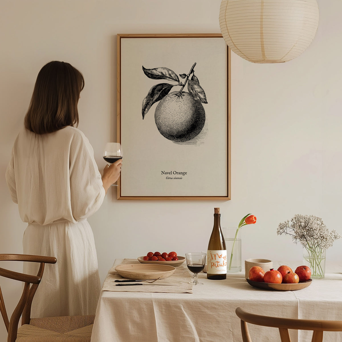 Navel Orange Poster | Citrus sinensis Pen and Ink Print Vintage Botanical Illustration — styled in a modern interior