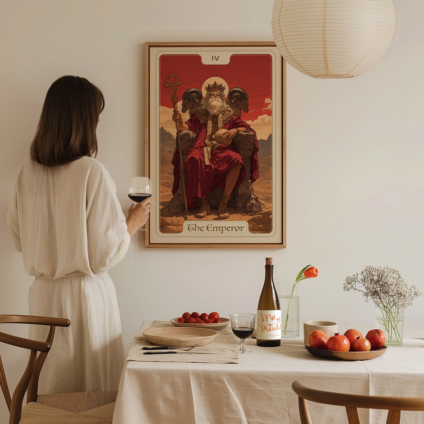 A woman in a white dress holds a wine glass, gazing at an Emperor Tarot Card poster on the wall. A table with fruit, flowers, and wine is in the.
