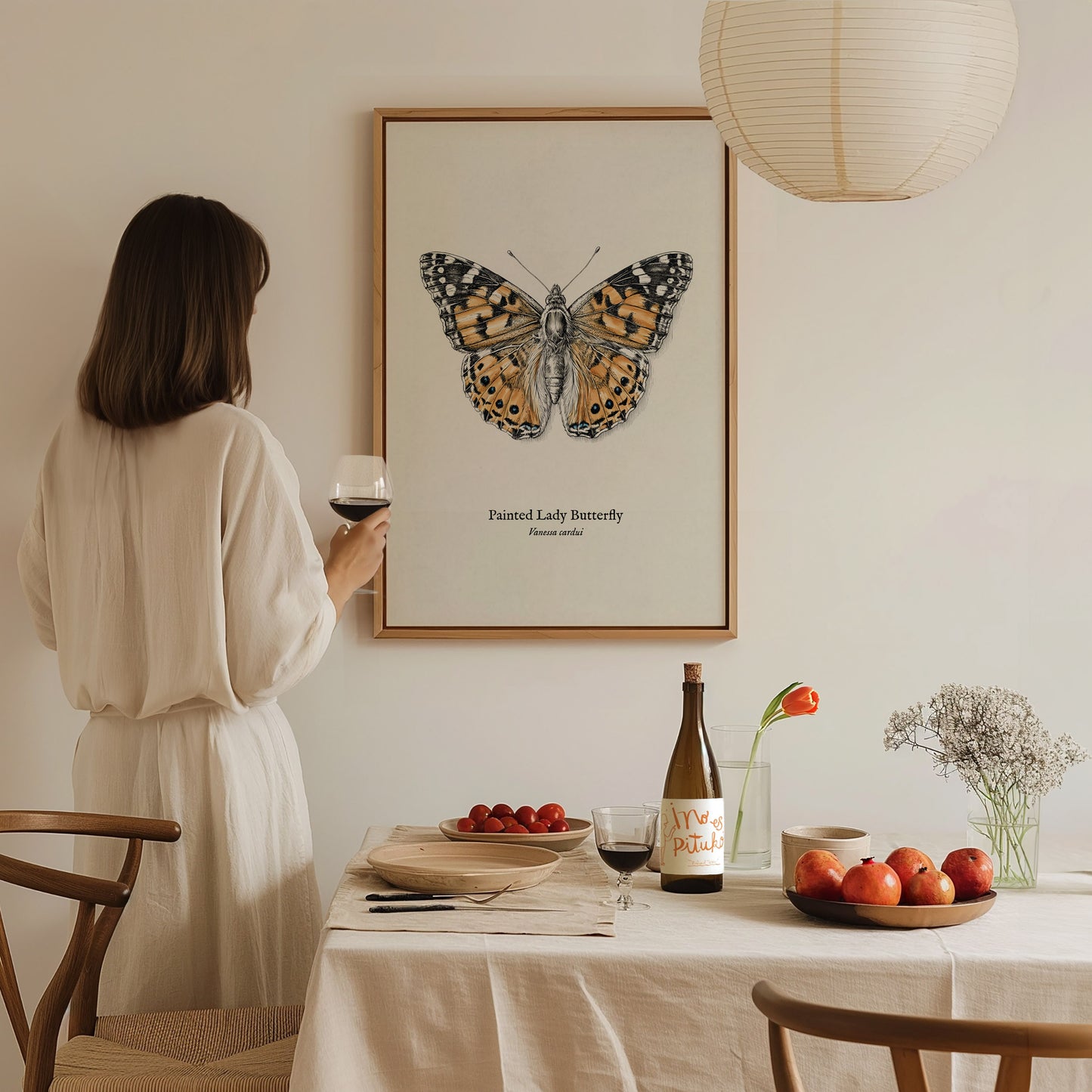 Painted Lady Butterfly Poster | Vintage Vanessa cardui Zoological Illustration Wall Art — styled in a modern interior