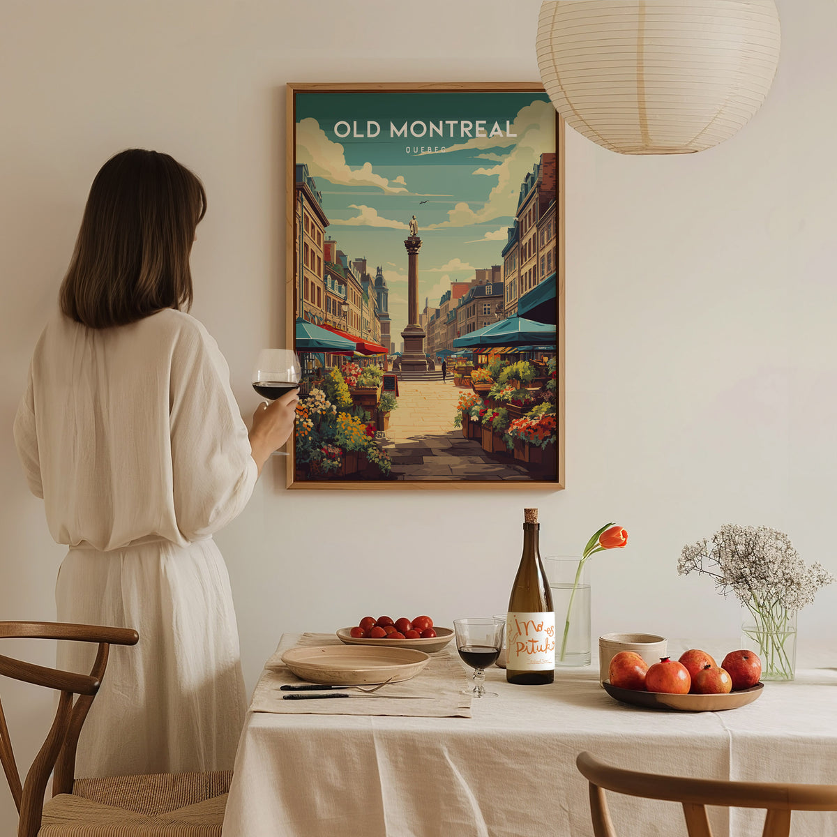 Old Montreal, Quebec Poster | Historic Cobblestone & Cathedral Travel Wall Art — styled in a modern interior