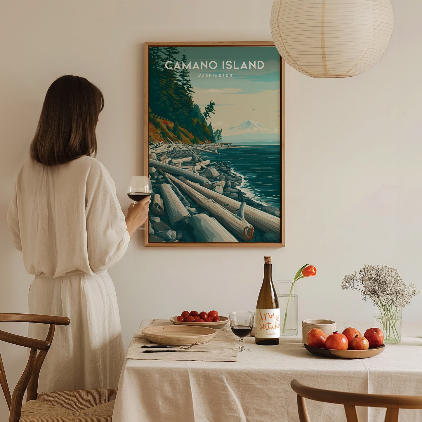 Camano Island, Washington Poster | Evergreen Shores & Heron Coastal Wall Art — styled in a modern interior