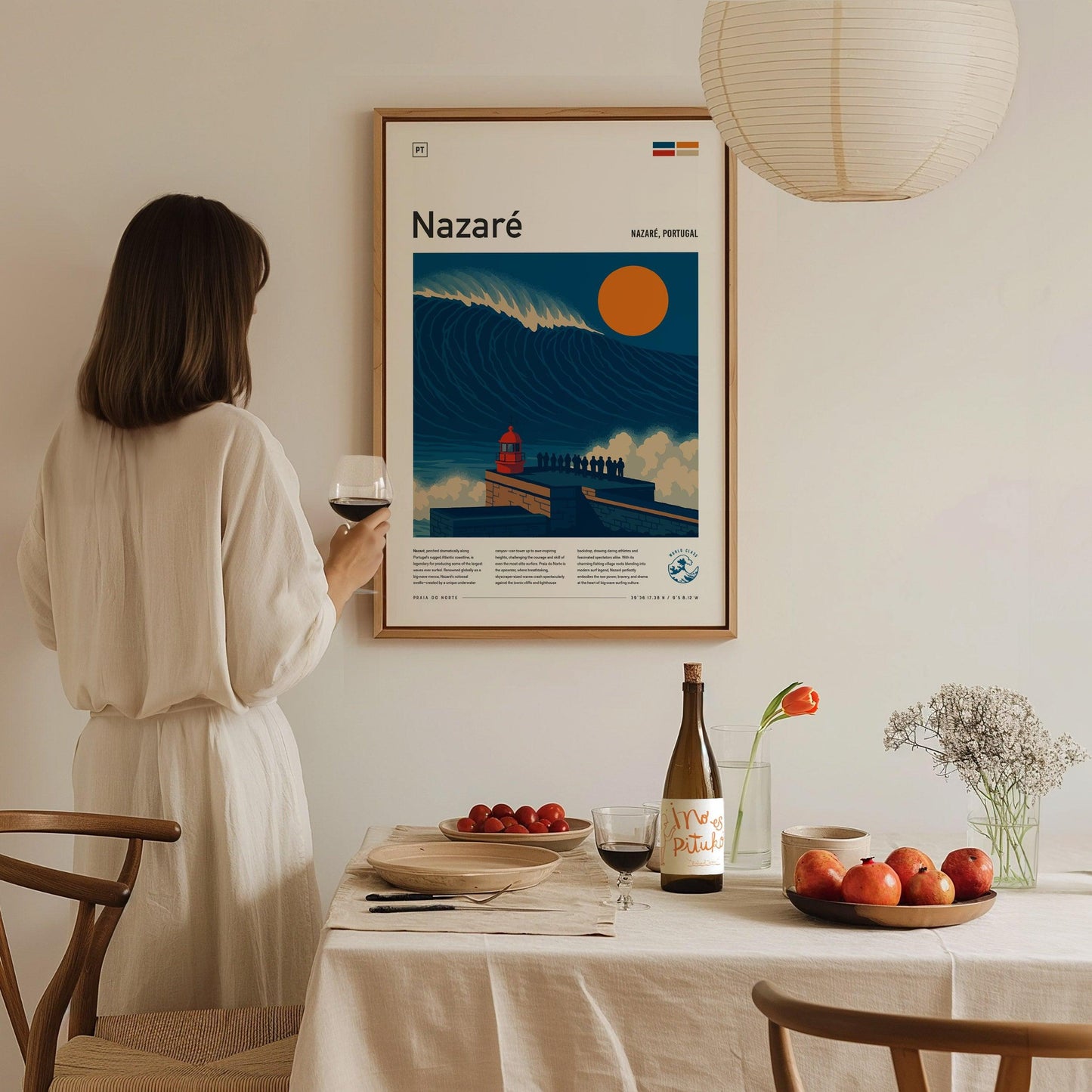 Nazaré Big Wave Surf Spot Framed Poster | Portugal Epic 100 Foot Wave | Modern Wall Art Surfer Nazare Travel Print | Minimalist Design Surfing Decor - Swell Scenes