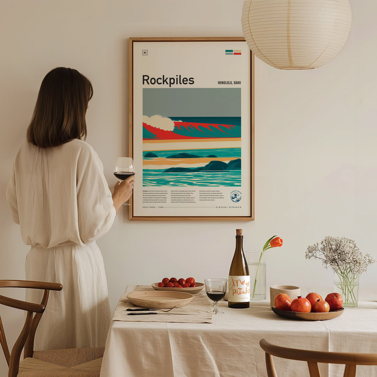Rockpiles, Hawaii Poster | Golden Hour North Shore Surf Wall Art — styled in a modern interior