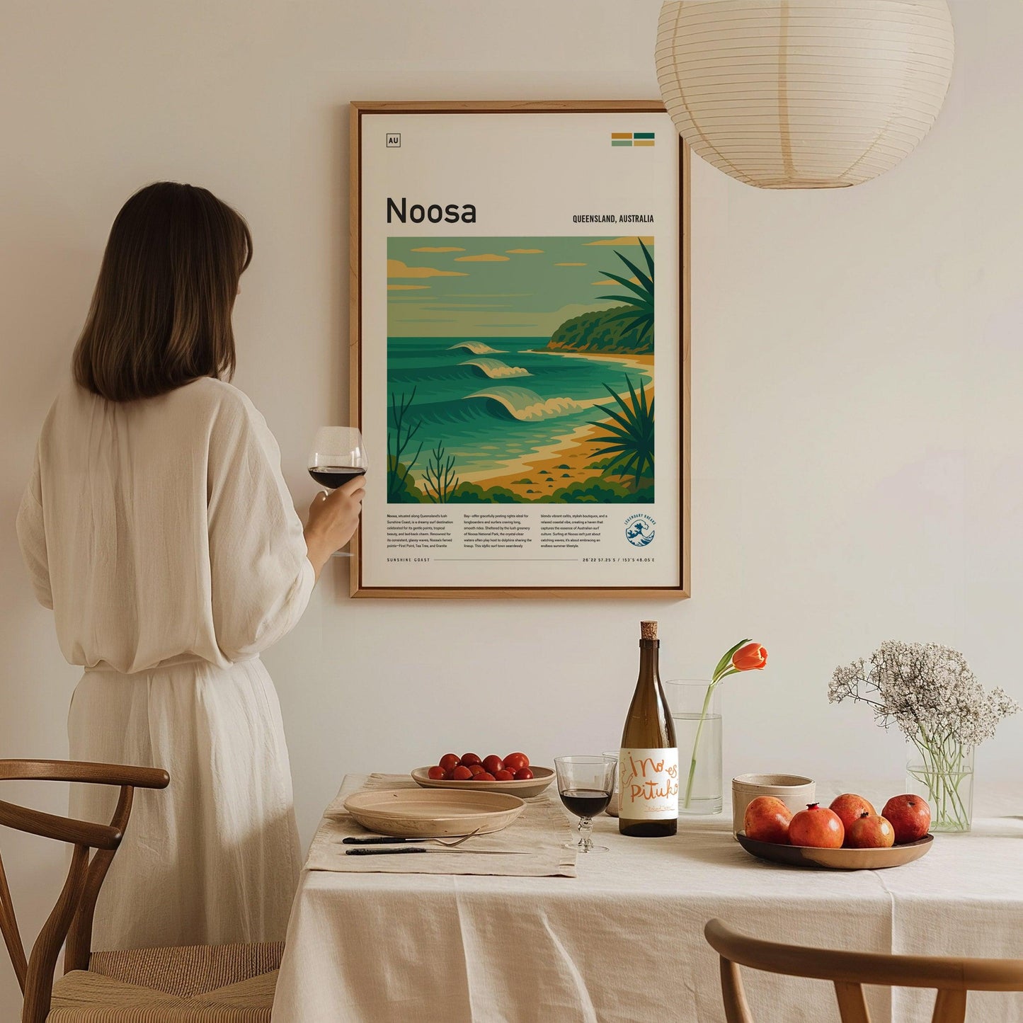Noosa Surf Spot Framed Poster | Queensland Australia Longboard Wave | Modern Wall Art Surfer Travel Print | Minimalist Design Sunshine Coast Surfing Decor - Swell Scenes