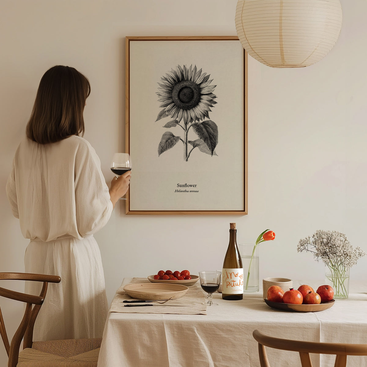 Sunflower Poster | Helianthus annuus Vintage Botanical Ink Illustration Line Art Print — styled in a modern interior