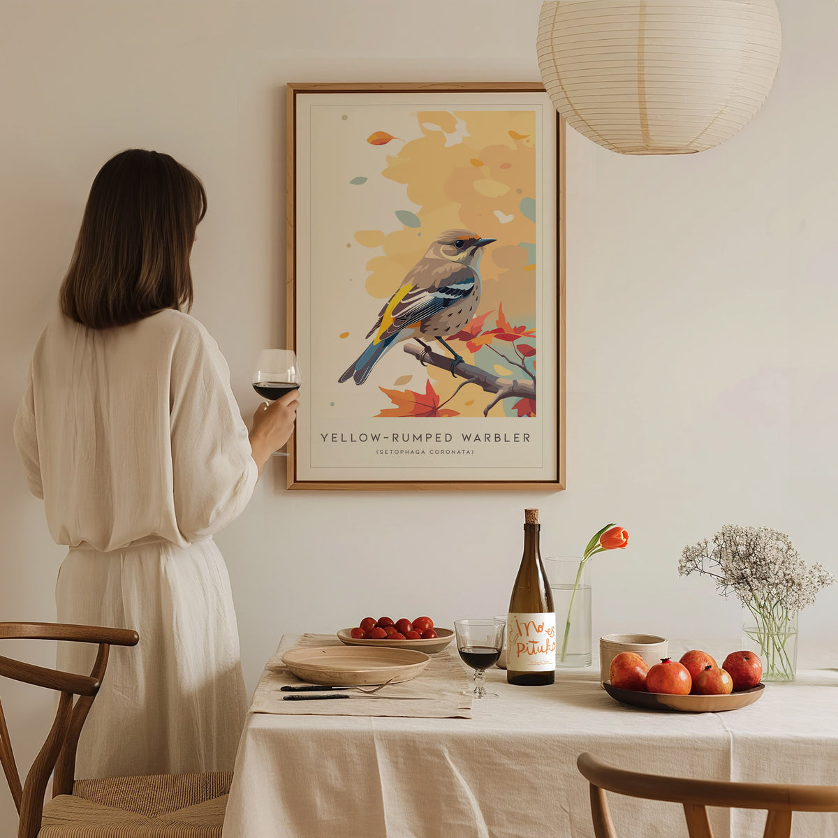 Yellow-rumped Warbler, Setophaga coronata Poster | Vibrant Songbird Nature Poster Wall Art — styled in a modern interior