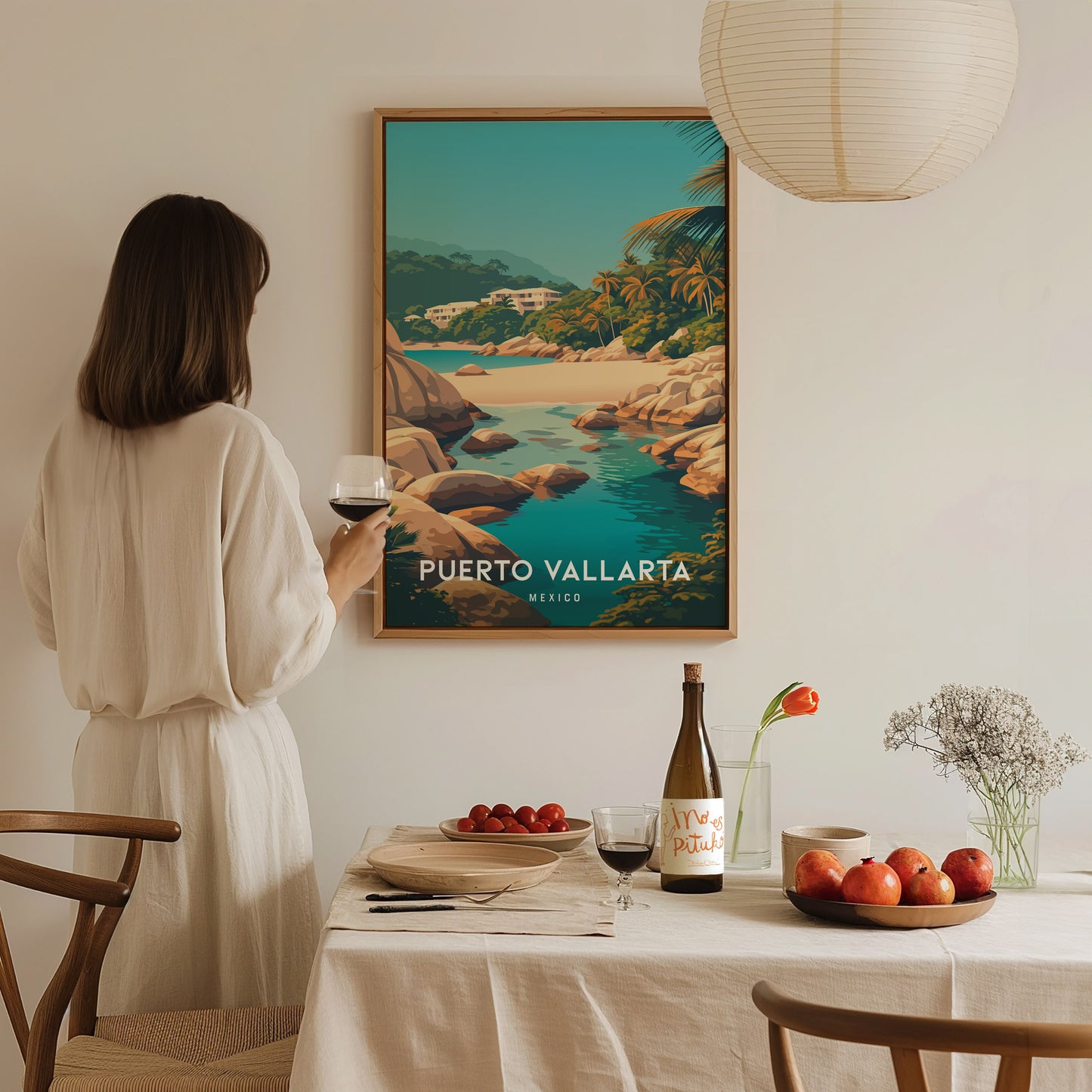 Puerto Vallarta, Mexico Poster | Tropical Coast & Cathedral Wall Art — styled in a modern interior
