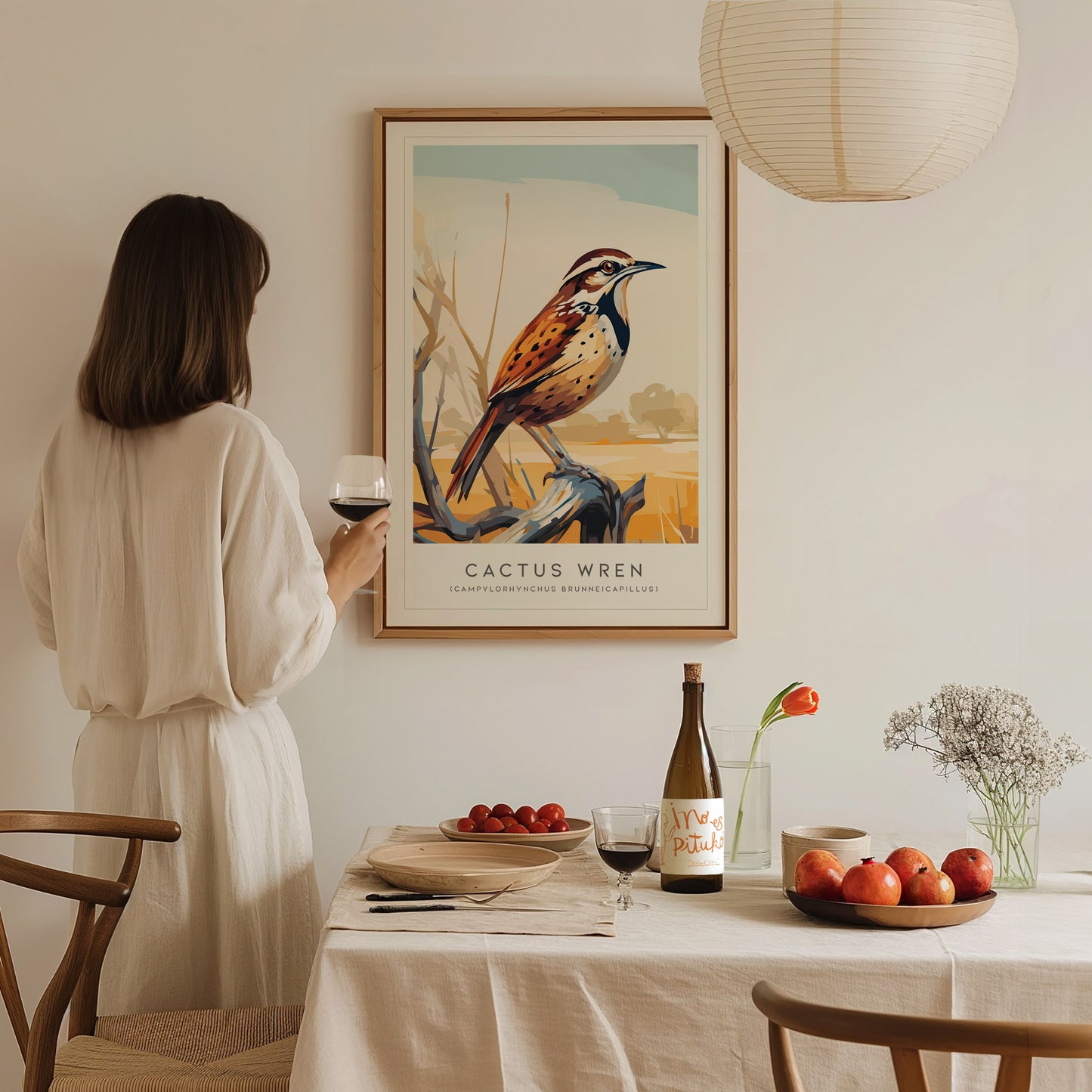 Cactus Wren Poster | Desert Songbird & Blooming Cactus Wall Art — styled in a modern interior