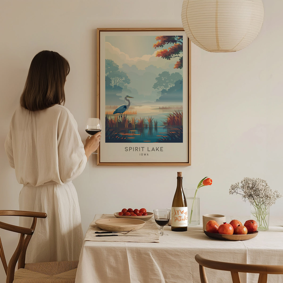 Spirit Lake Matte Border Poster | Iowa Travel Wall Art — styled in a modern interior