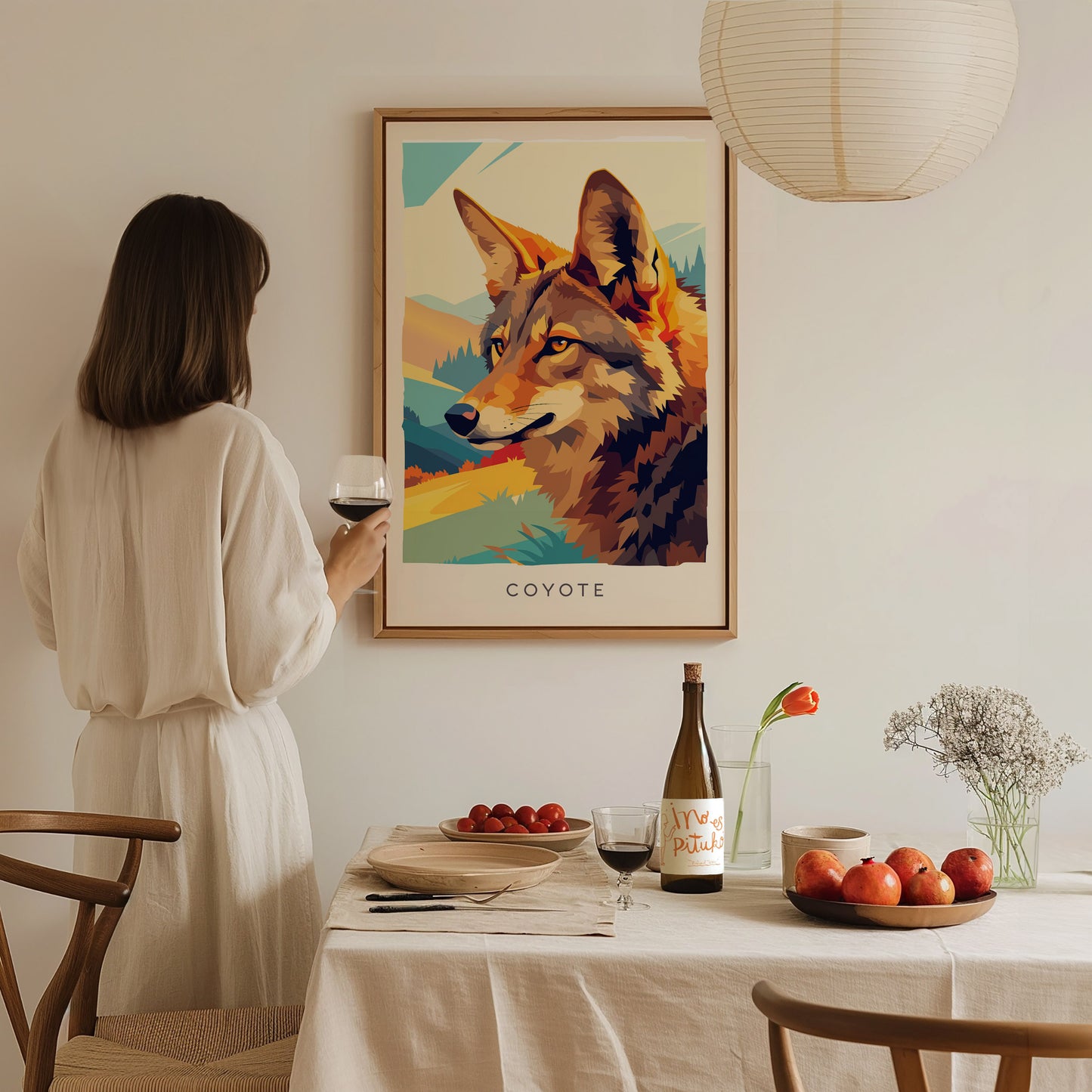 Coyote Poster | Wild Spirit of the Open West Wall Art — styled in a modern interior