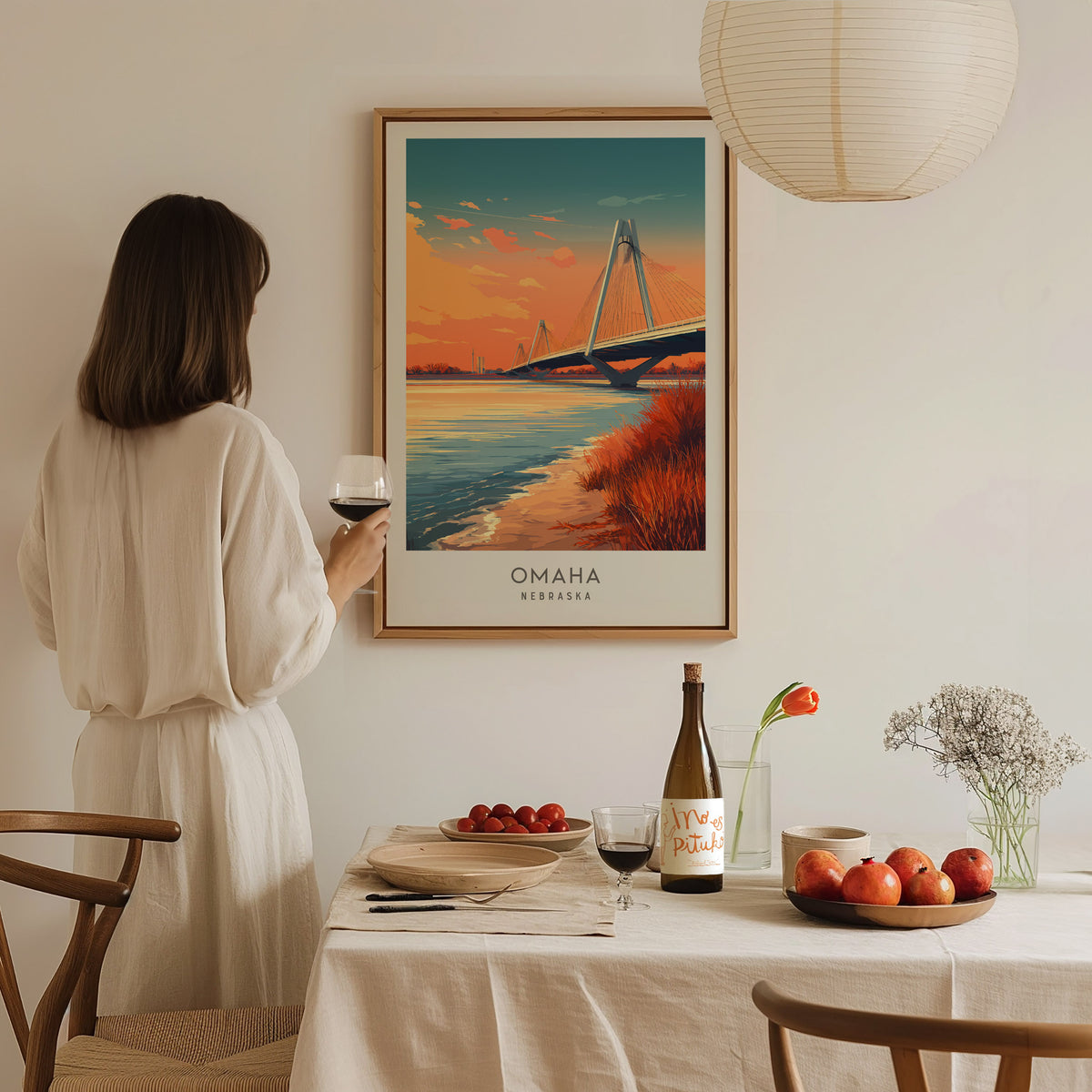 Omaha Matte Border Poster | Nebraska Travel Wall Art — styled in a modern interior