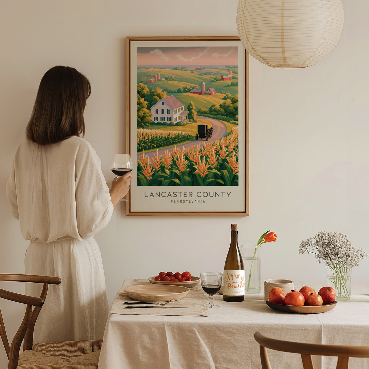 Lancaster County Matte Border Poster | Pennsylvania Destination Print Travel Wall Art — styled in a modern interior