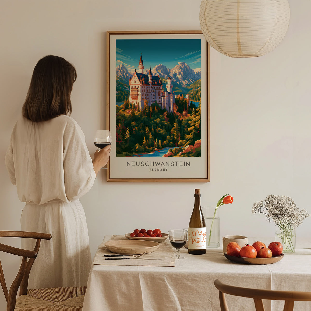Neuschwanstein Matte Border Poster | Germany Destination Print Travel Wall Art — styled in a modern interior