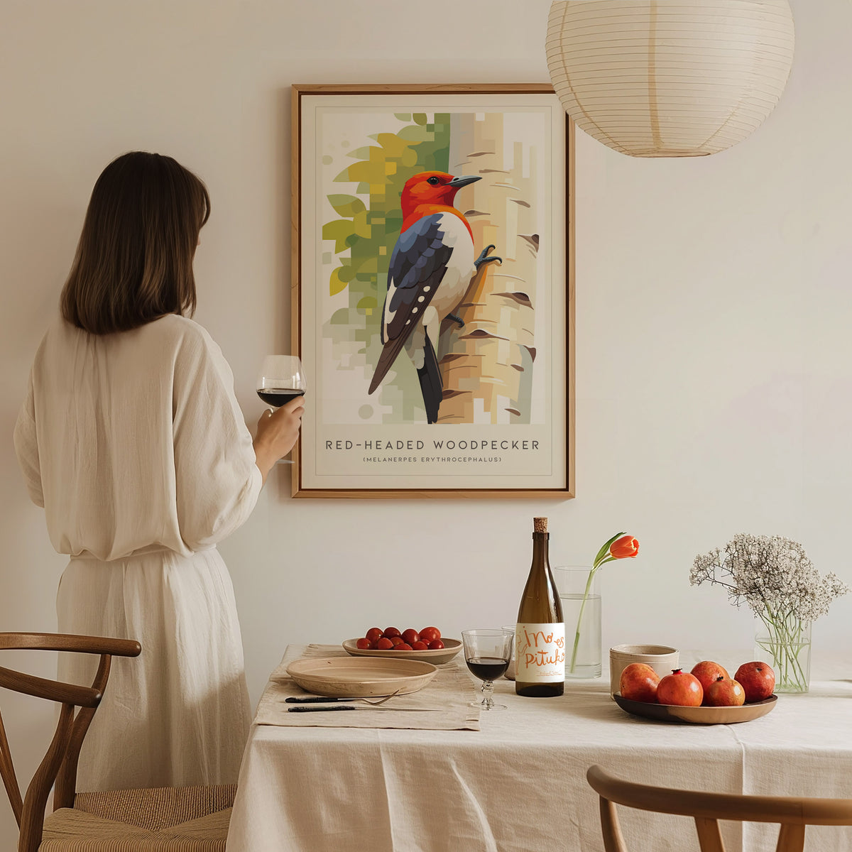 Red-headed Woodpecker, Melanerpes erythrocephalus Poster | Bold Bird Wall Art Nature Print — styled in a modern interior