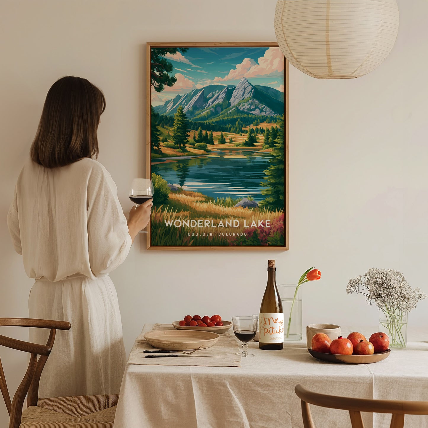 Wonderland Lake, Boulder, Colorado Poster | Mountain Lake Serenity Wall Art — styled in a modern interior