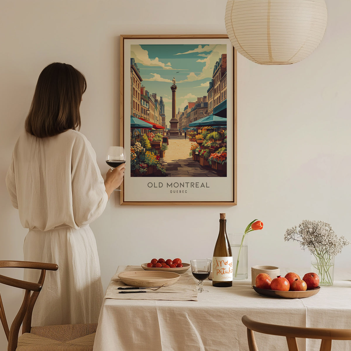 Old Montreal Matte Border Poster | Quebec Destination Print & Vacation Wall Art — styled in a modern interior