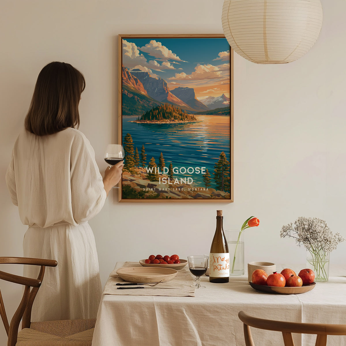 Wild Goose Island, Saint Mary Lake, Montana Poster | Mountain Lake Destination Print Wall Art — styled in a modern interior