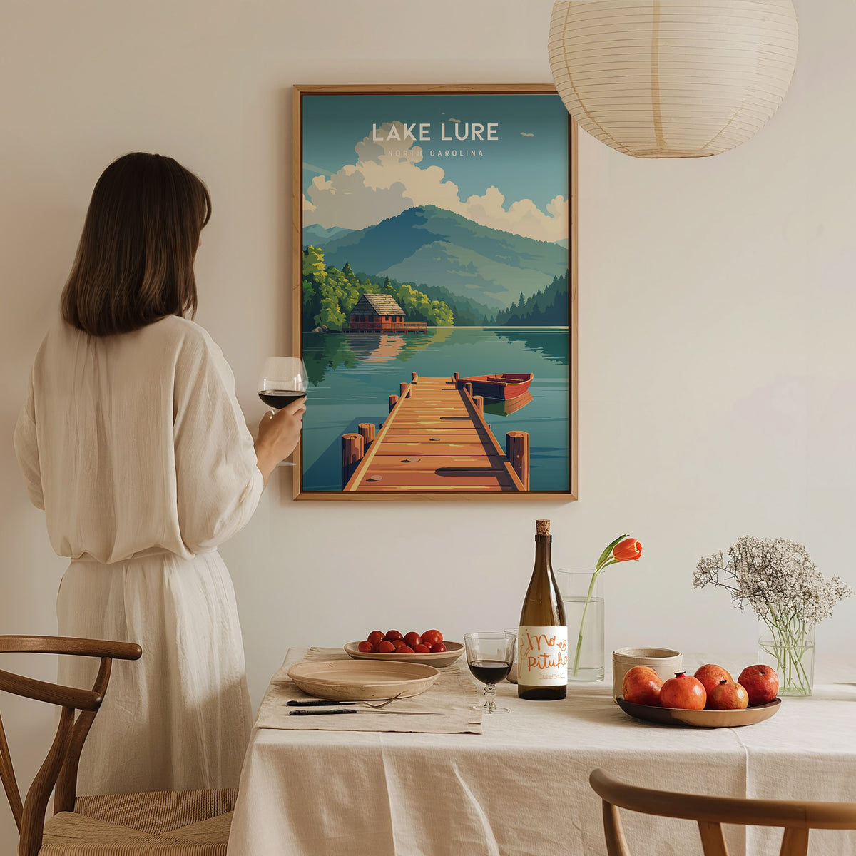 Lake Lure, North Carolina Poster | Mountain Lake Destination Print Wall Art — styled in a modern interior