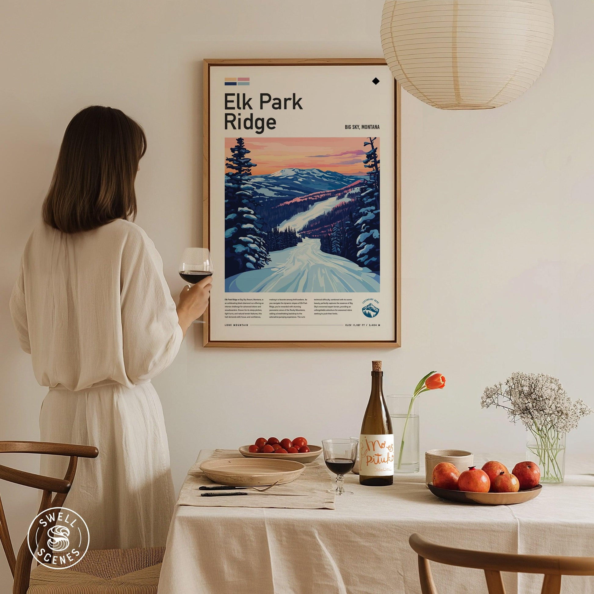 Elk Park Ridge | Big Sky Montana Black Diamond Advanced Ski Run Framed Poster Skier Snowboarder Mountain Cabin Resort Skiing Art Decor Gift - Swell Scenes