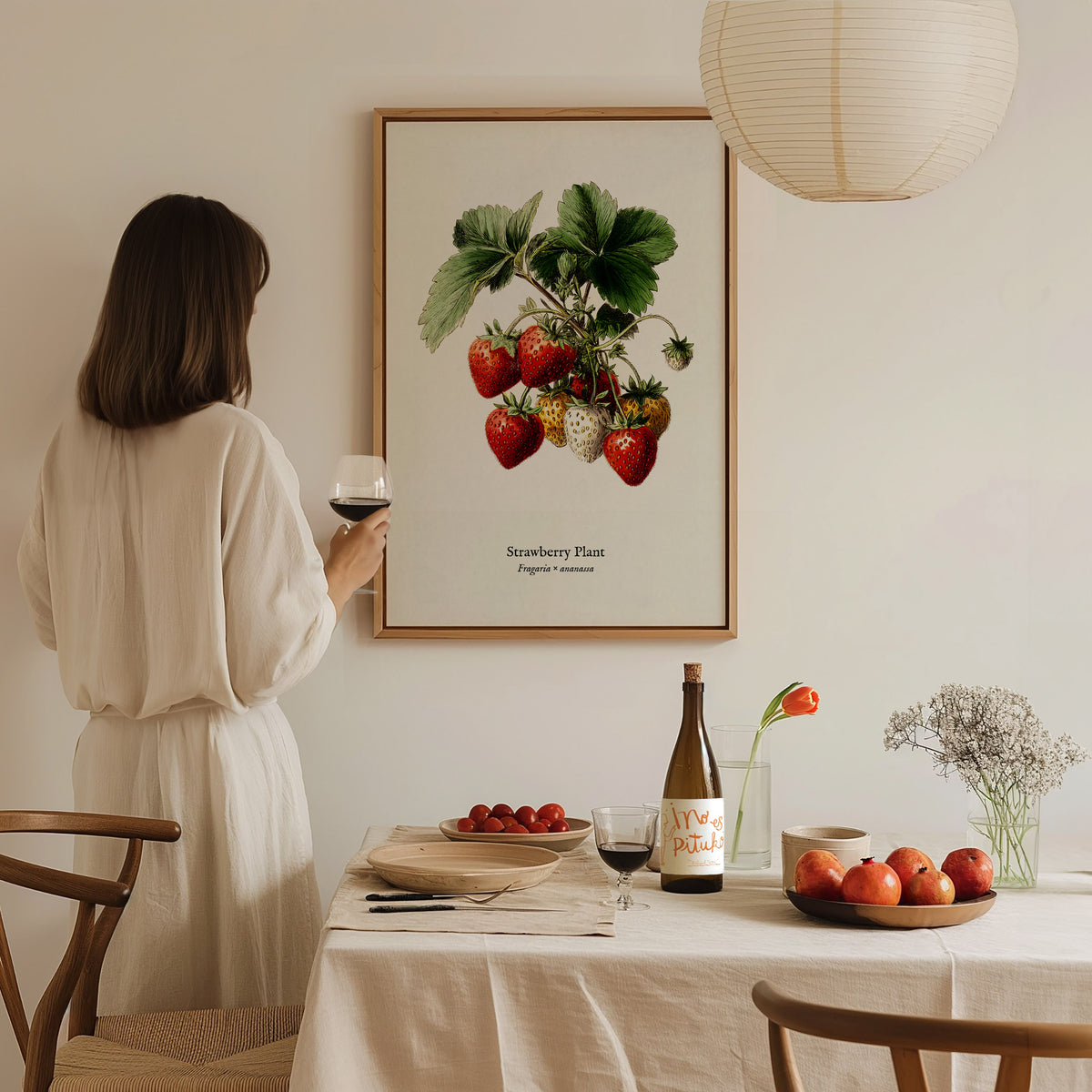 Strawberry Plant Poster | Vintage Fragaria × ananassa Botanical Illustration Wall Art — styled in a modern interior