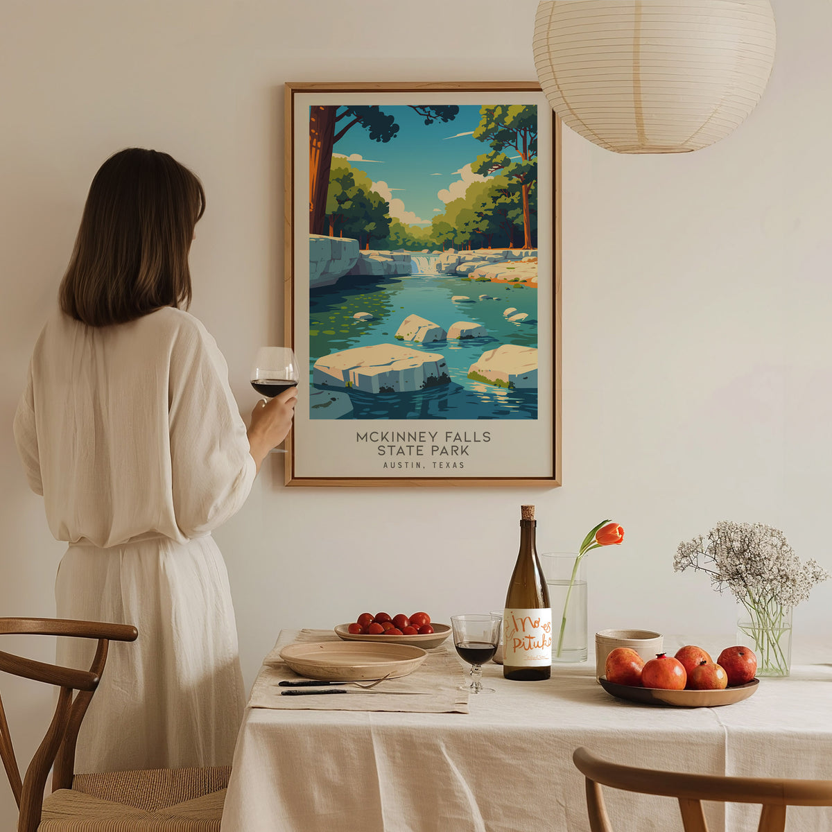 McKinney Falls State Park Matte Border Poster | Austin, Texas Destination Print Travel Wall Art — styled in a modern interior