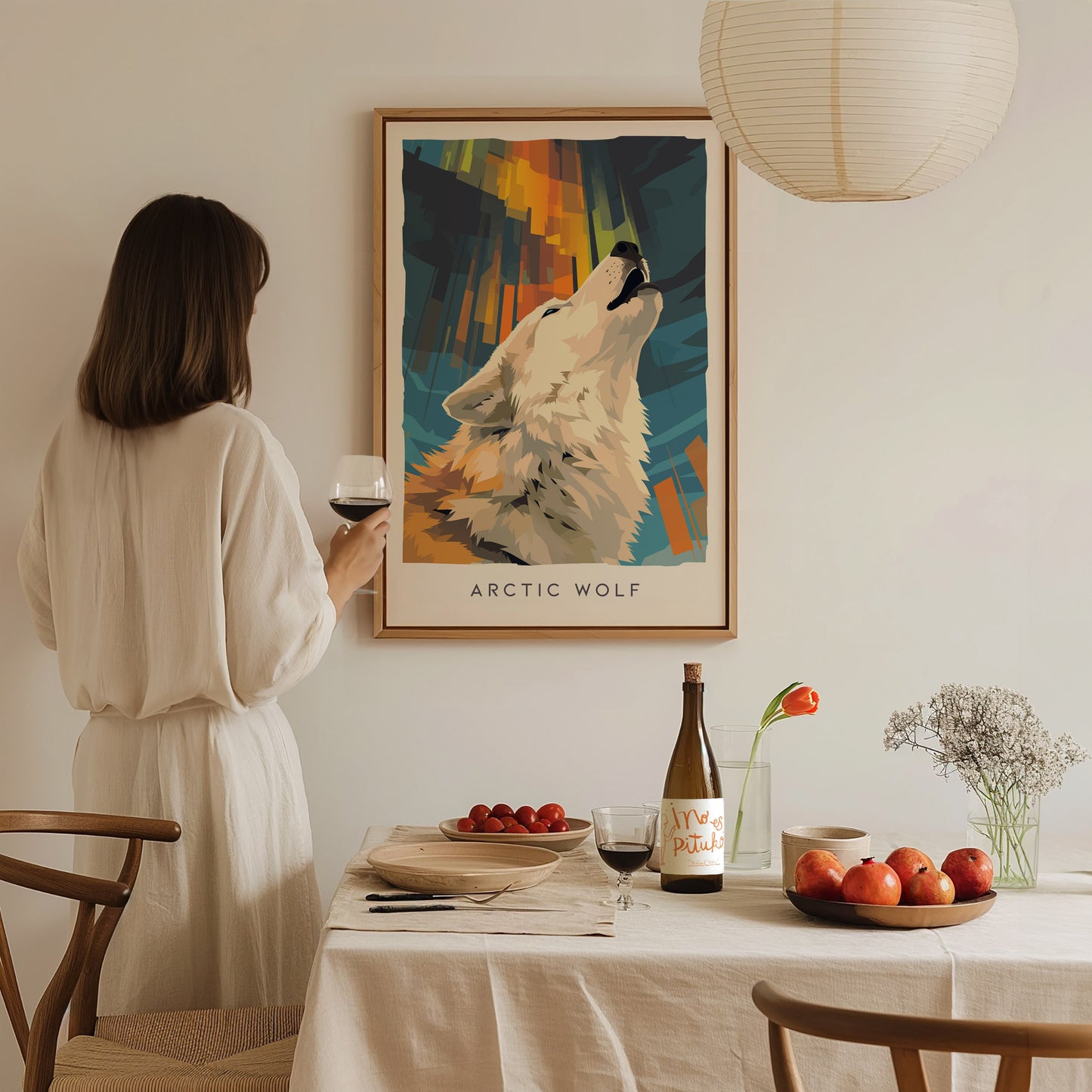 Arctic Wolf Poster | Majestic Winter Wilderness Wildlife Wall Art — styled in a modern interior