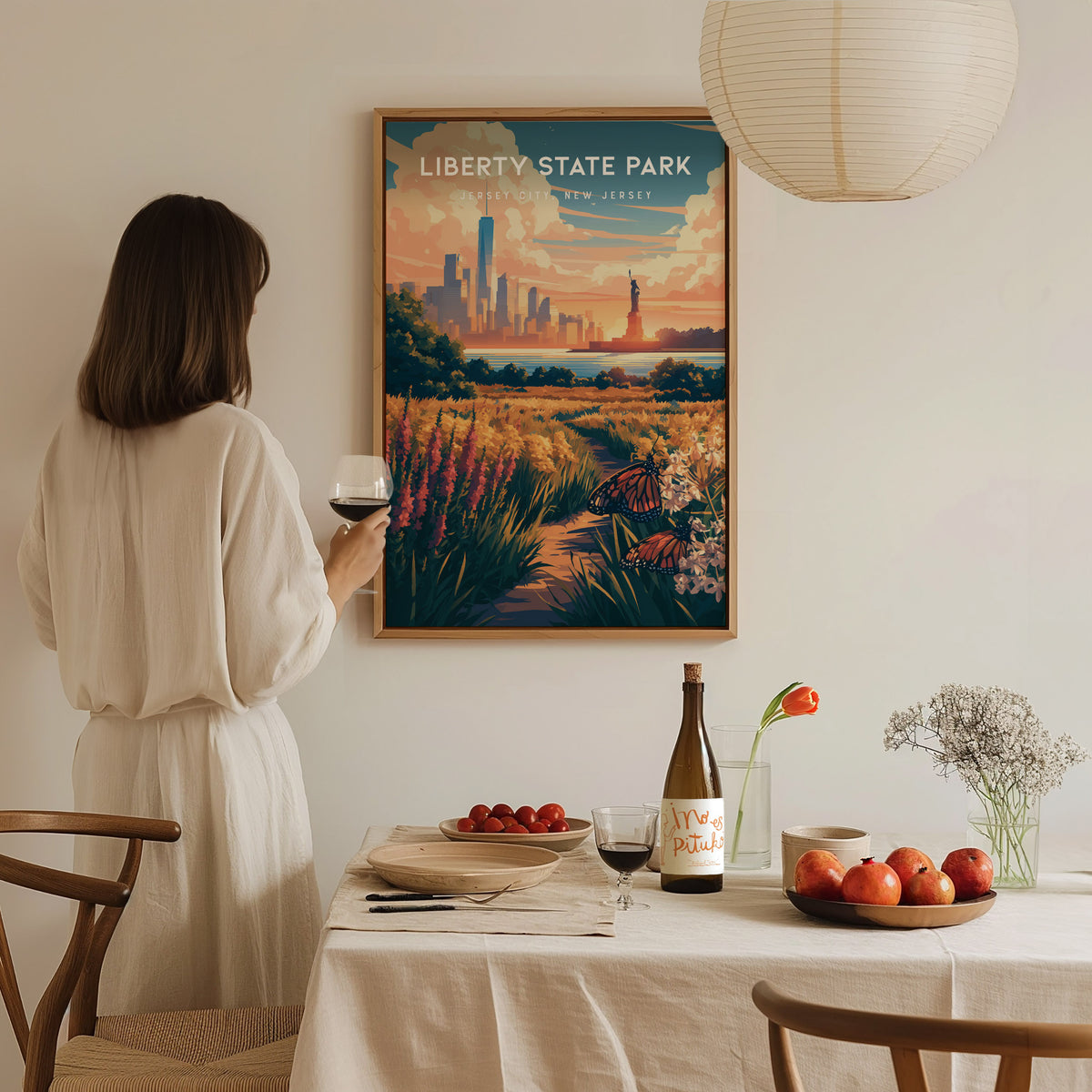 Liberty State Park, Jersey City, New Jersey Poster | Skyline & Harbor Travel Wall Art — styled in a modern interior