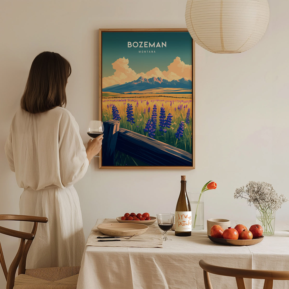 Bozeman, Montana Poster | Mountain Valley Adventure Wall Art — styled in a modern interior