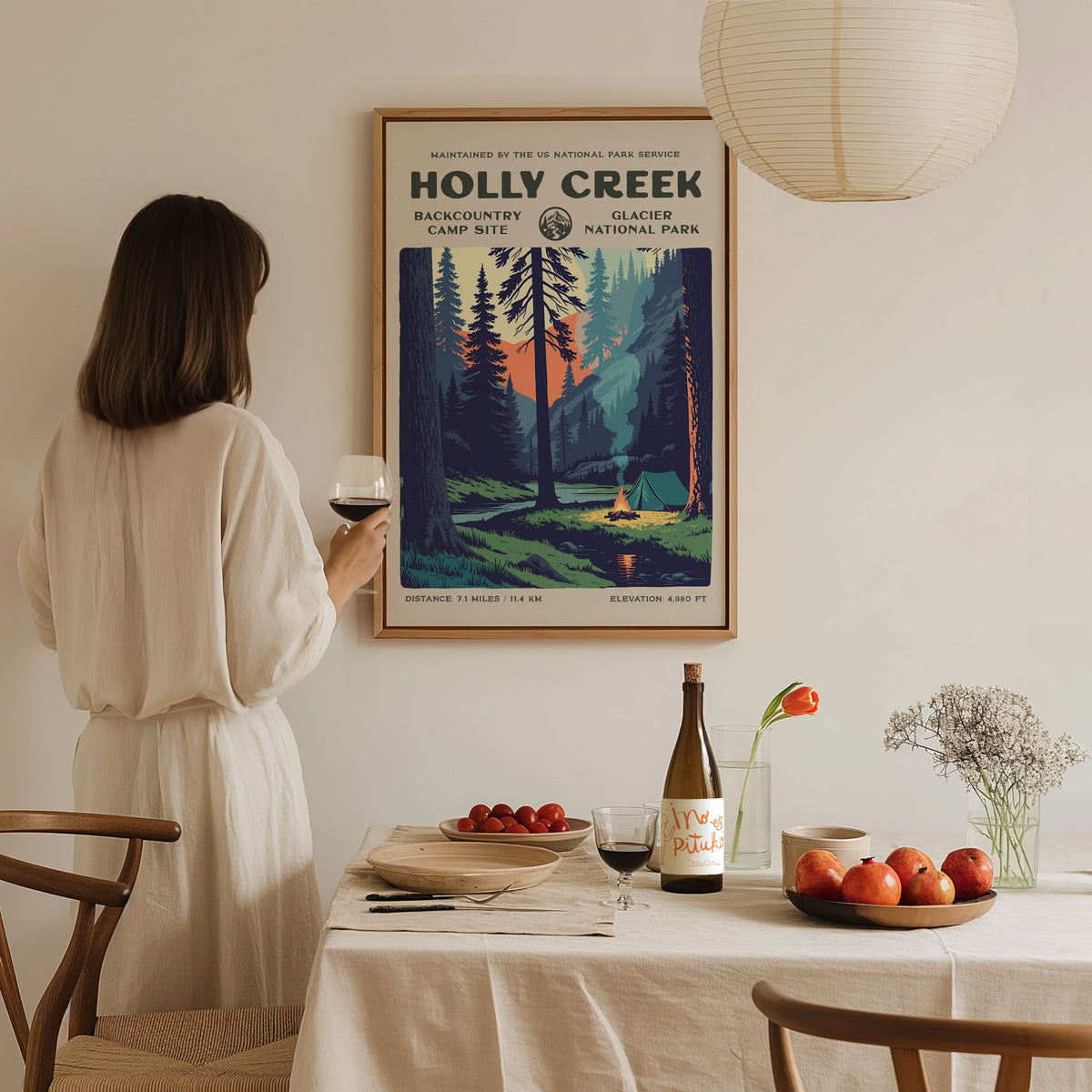 Holly Creek, Glacier National Park Poster | Hiker Gift | Backcountry Trail Wall Art — styled in a modern interior