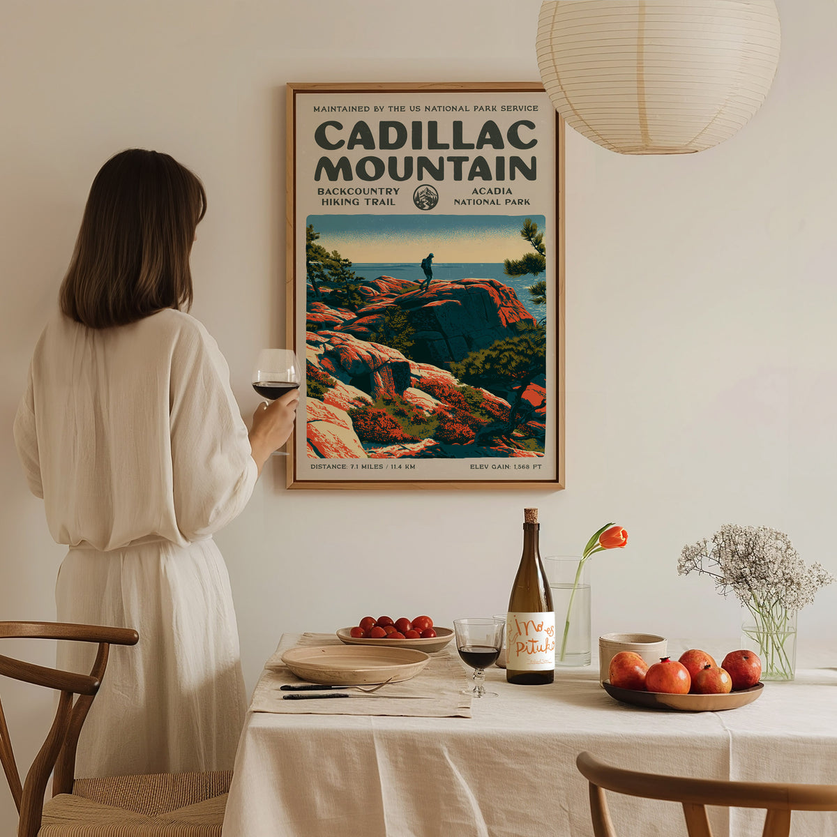 Cadillac Mountain, Acadia National Park Poster | Hiker Gift | Backcountry Trail Block Print Wall Art — styled in a modern int